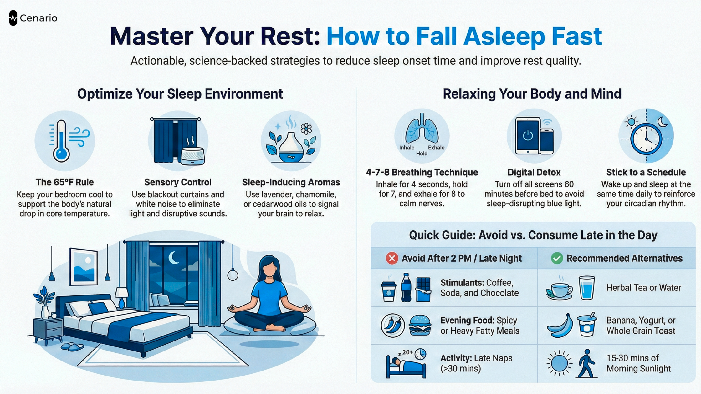 Infographic with tips to fall asleep fast including bedroom setup and breathing techn
