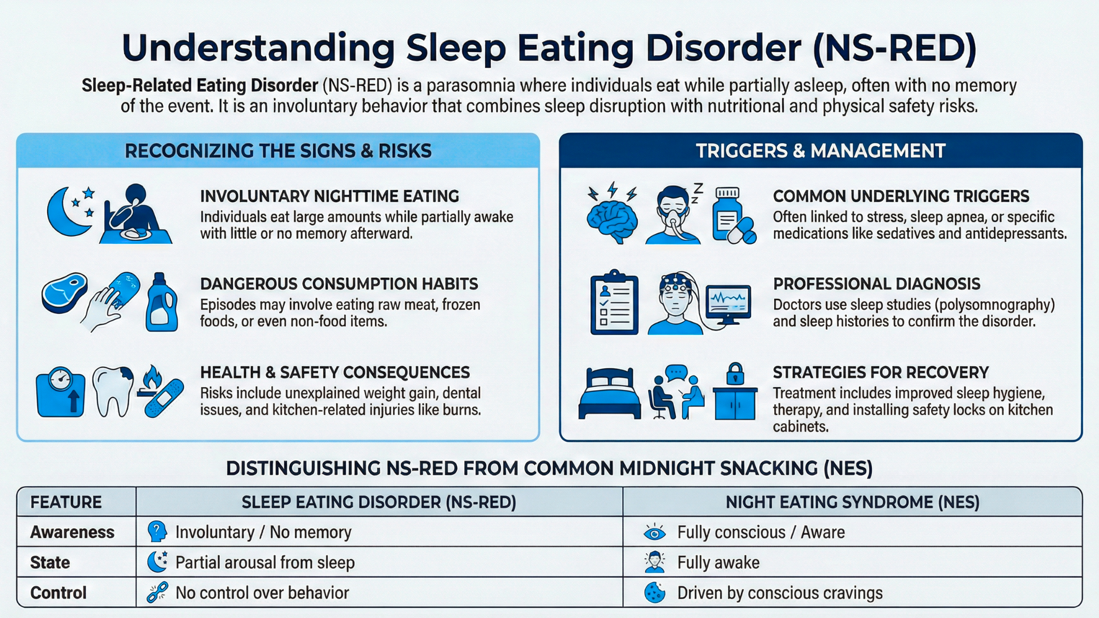 Infographic explaining sleep-related eating disorder signs, risks, triggers, and mana