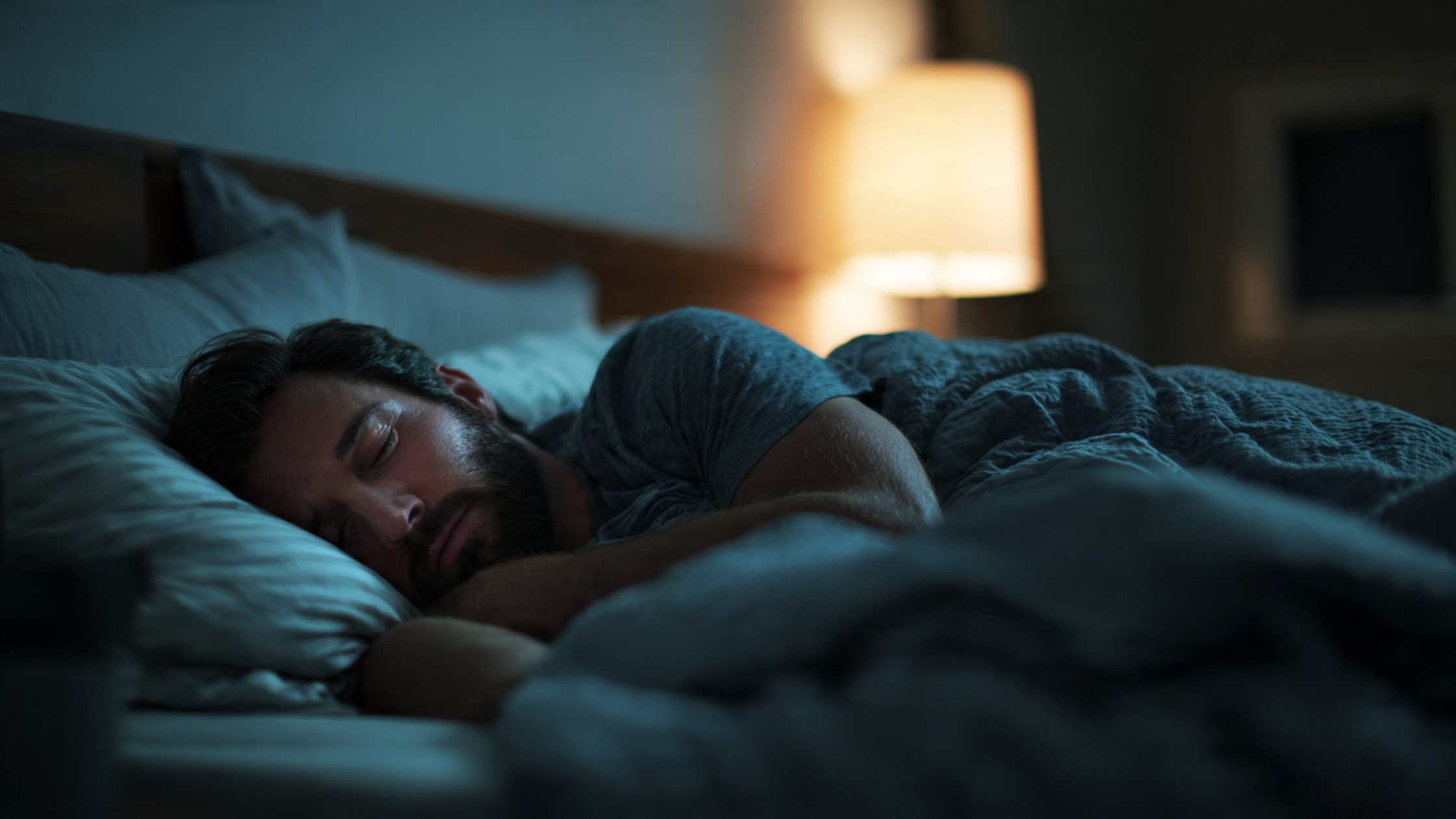 Man sleeping in bed with bedside lamp on