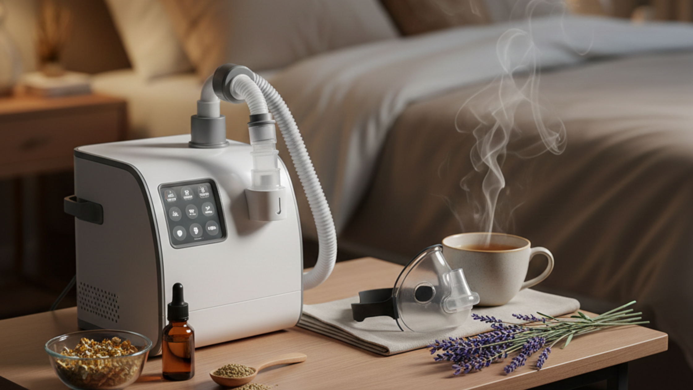 Sleep apnea machine with herbal tea and lavender on bedside table