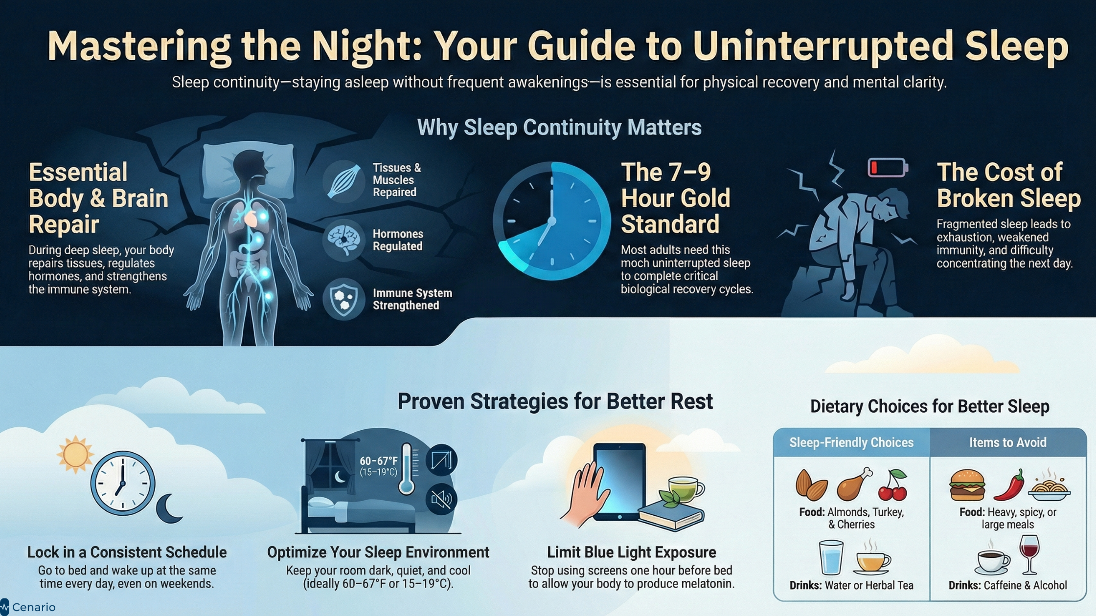 Infographic on achieving uninterrupted sleep and improving rest quality