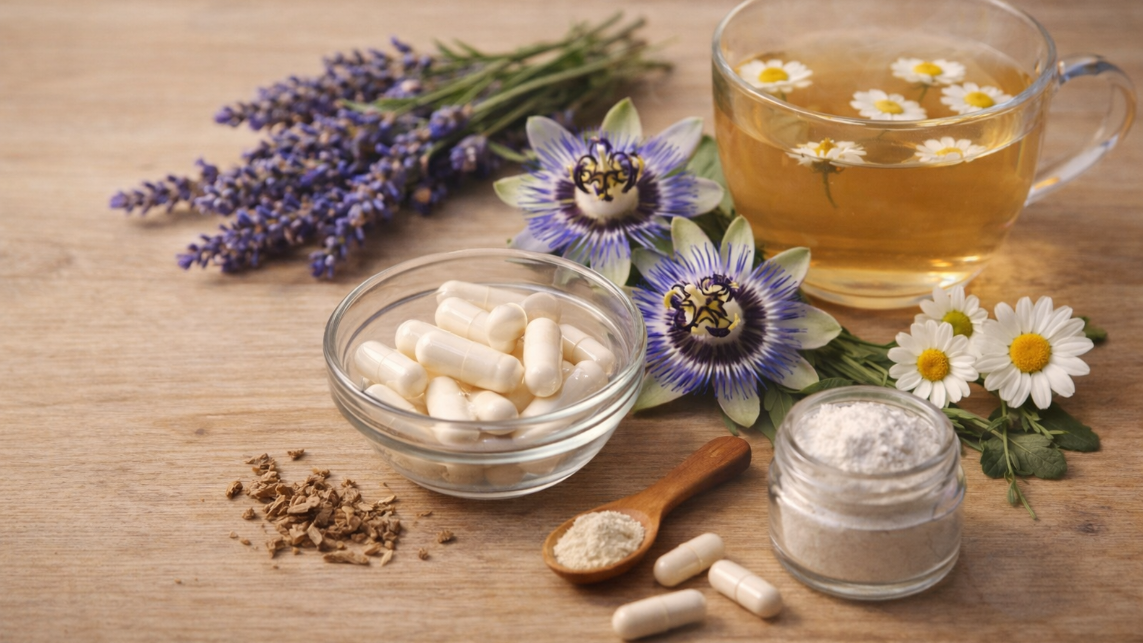 Herbal supplements with lavender, chamomile flowers, and tea