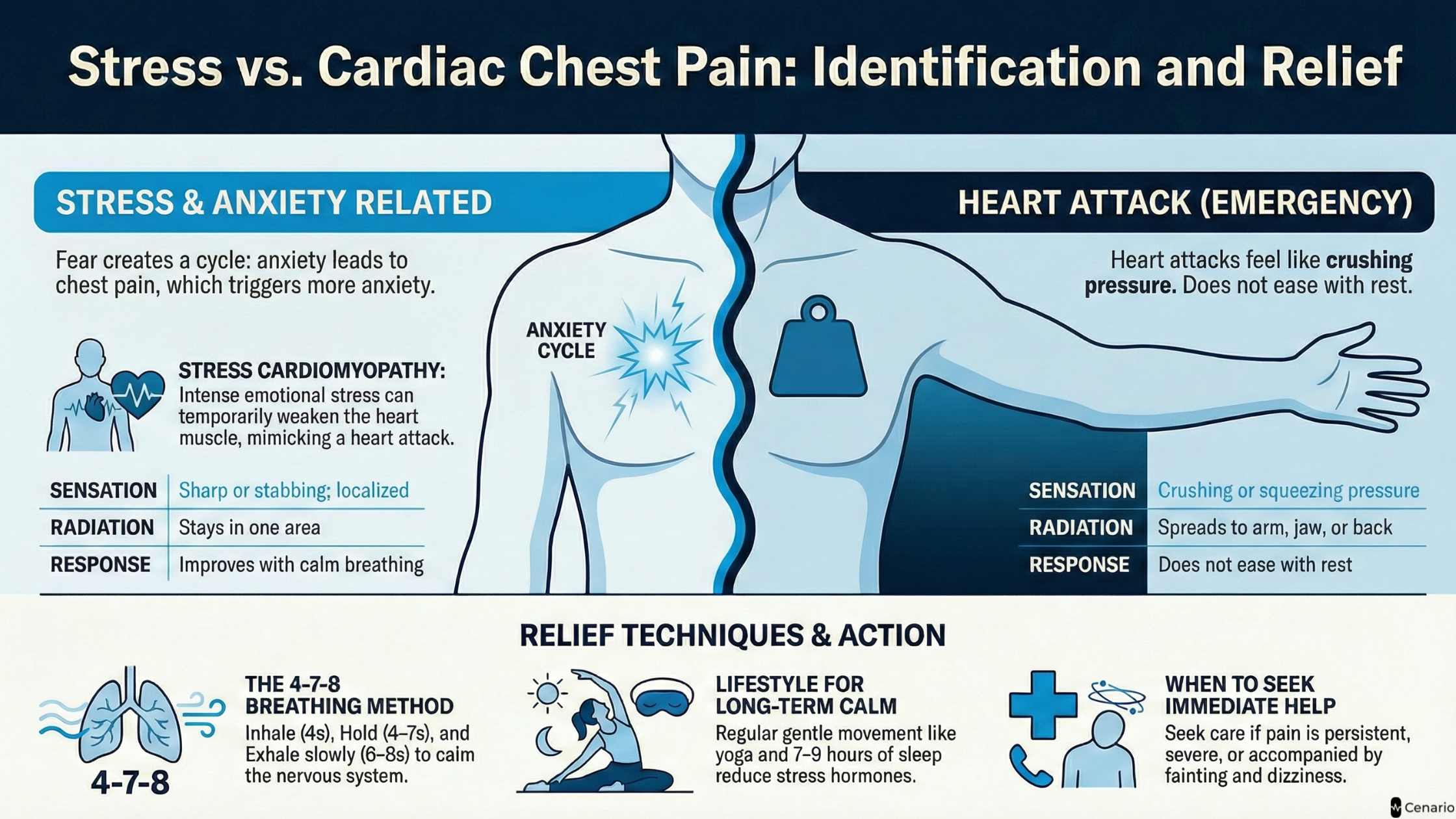 Diagram comparing stress-related chest pain and heart attack symptoms