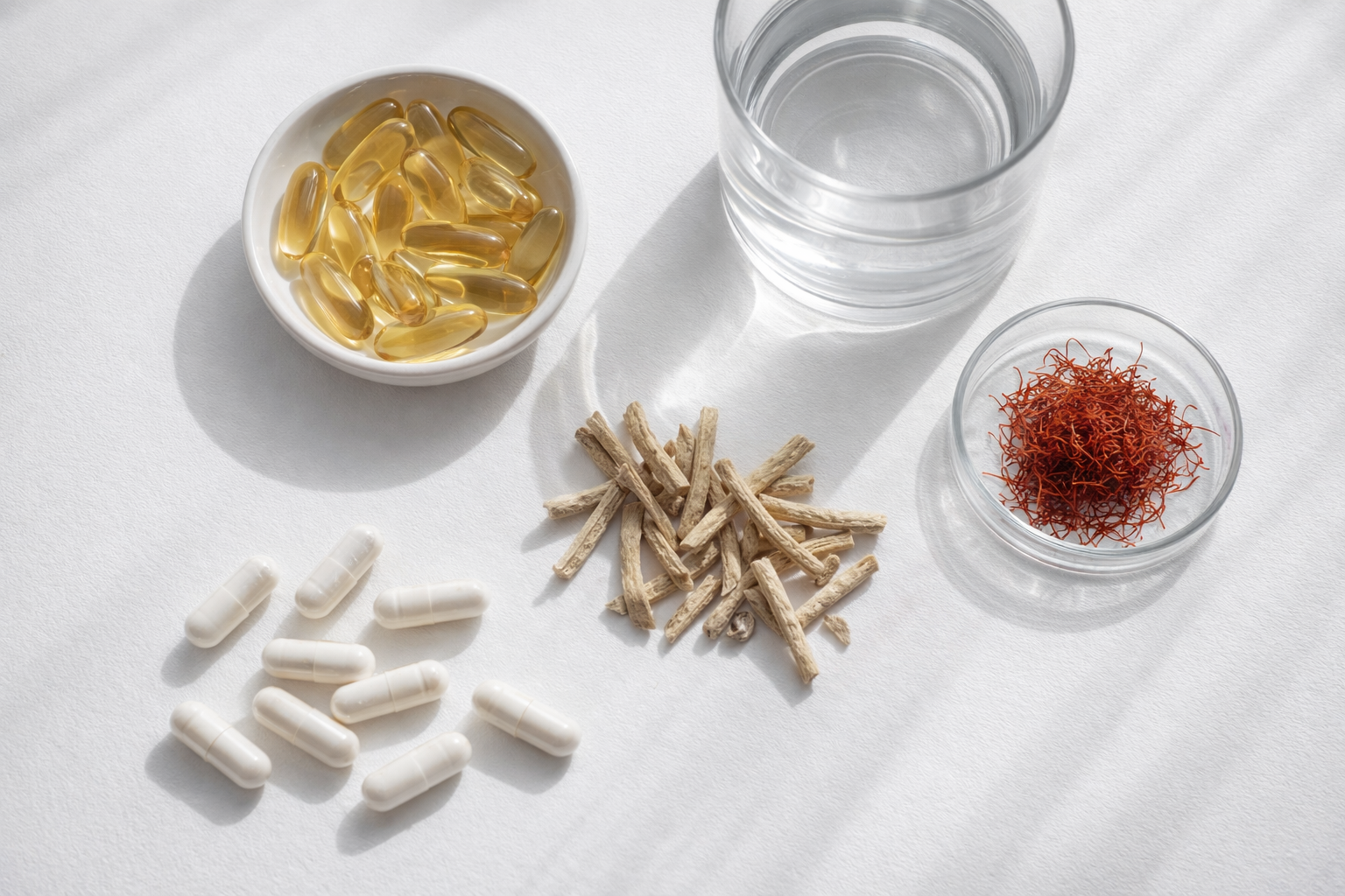 Yellow capsules, white pills, herbal roots, saffron threads, and a glass of water