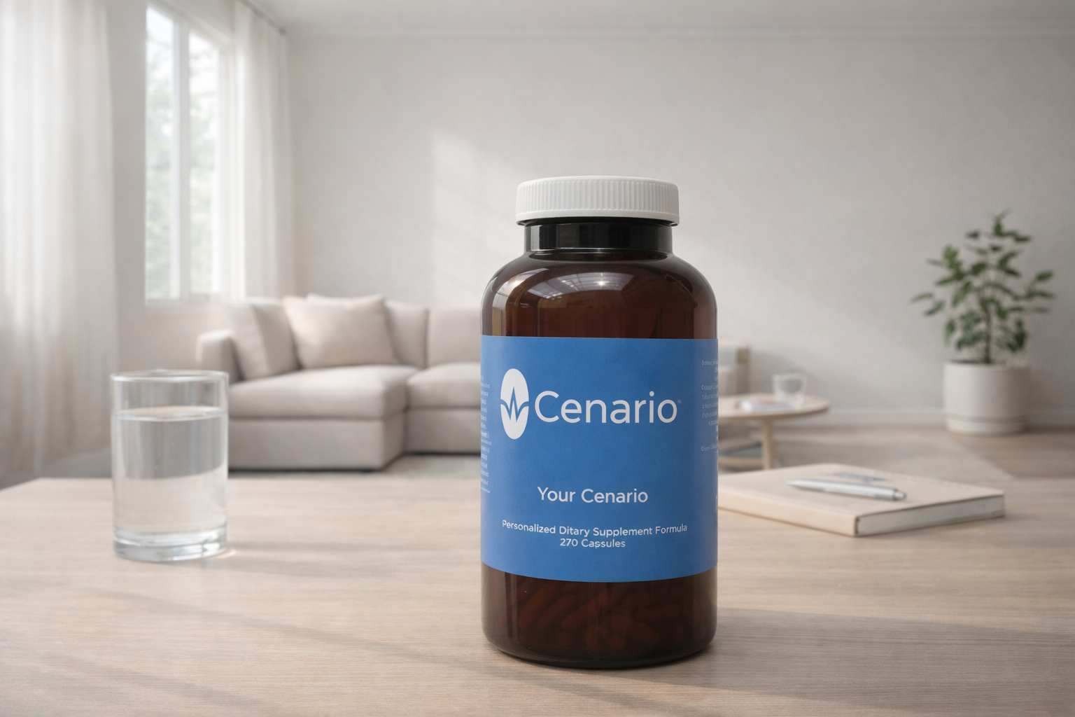 Cenario supplement bottle on wooden table with glass of water