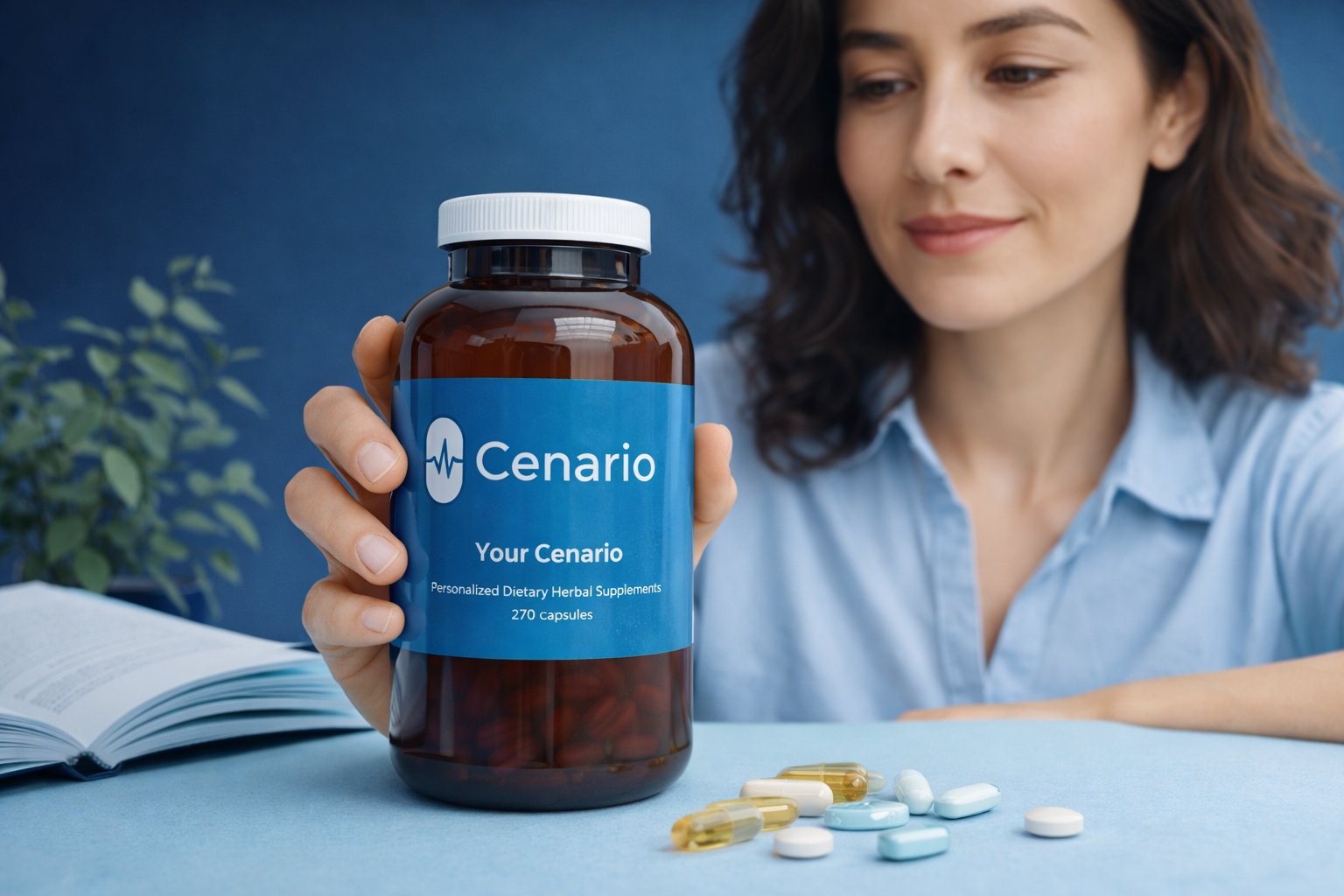 Woman holding Cenario dietary herbal supplements bottle