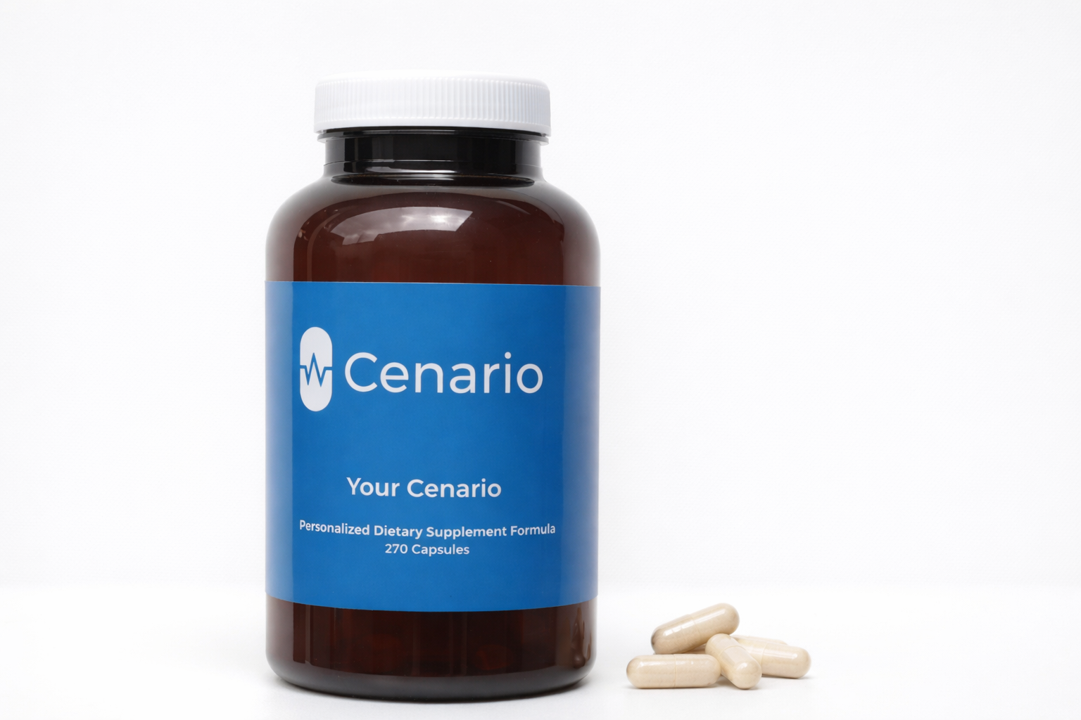 Brown supplement bottle with blue Cenario label and capsules