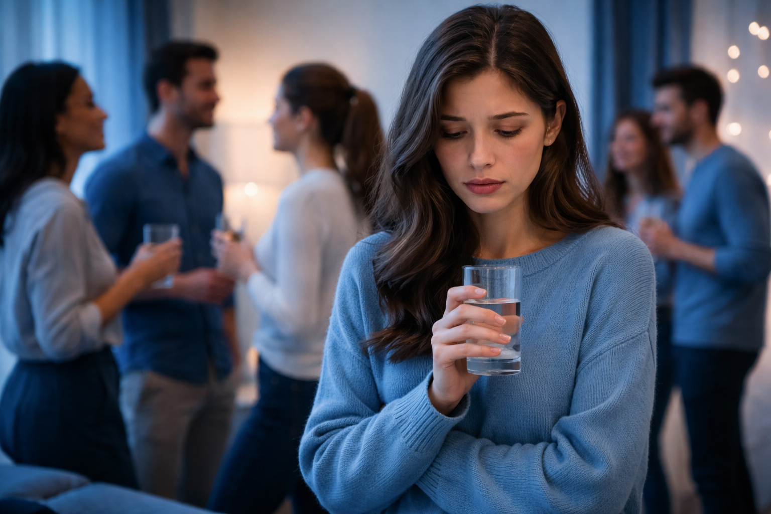 Anxious woman holding glass of water at social gathering