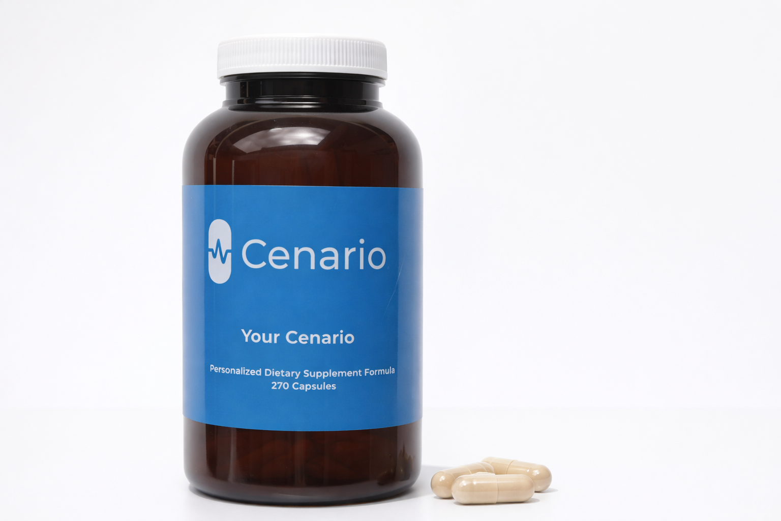 Bottle of Cenario dietary supplement with capsules