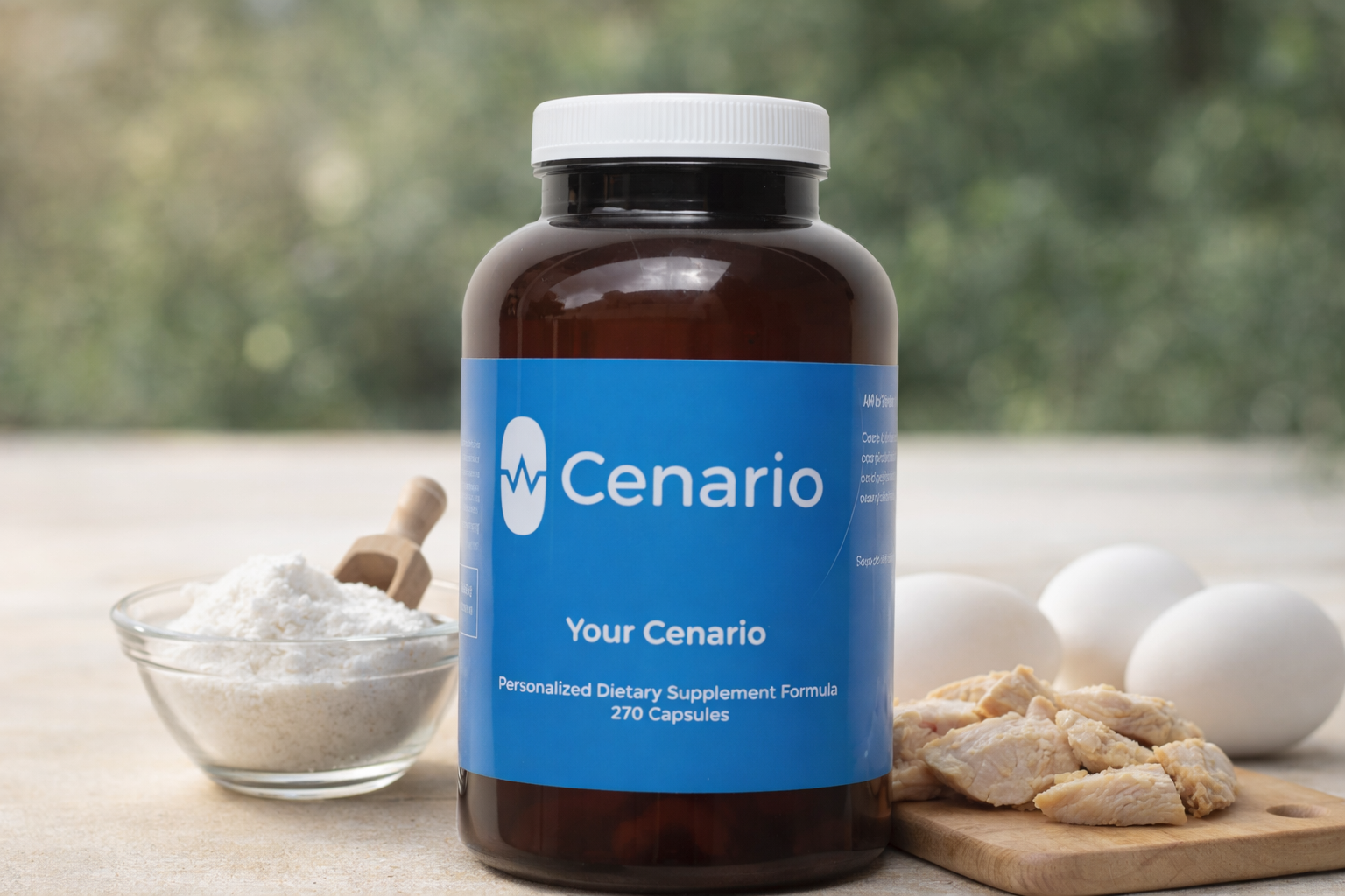 Cenario dietary supplement bottle with protein powder, eggs, and chicken