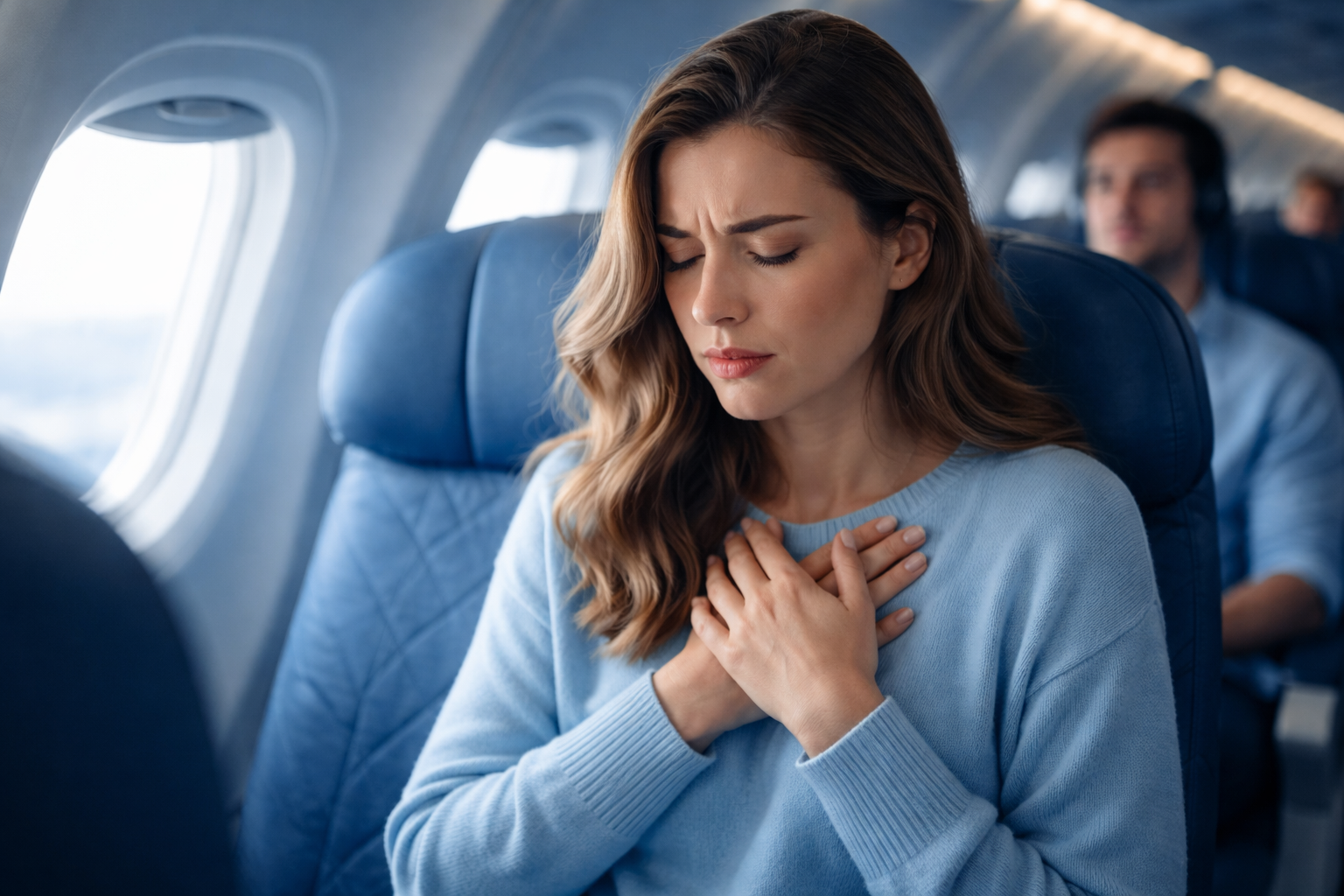 Woman clasping chest looking anxious in airplane seat