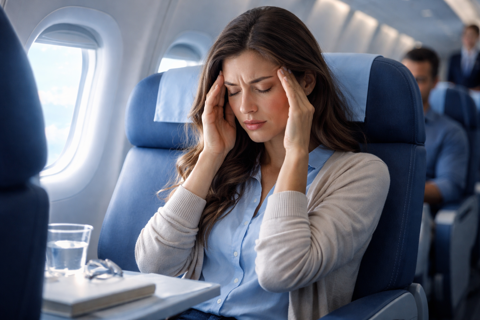 Woman sitting on airplane holding her temples with eyes closed