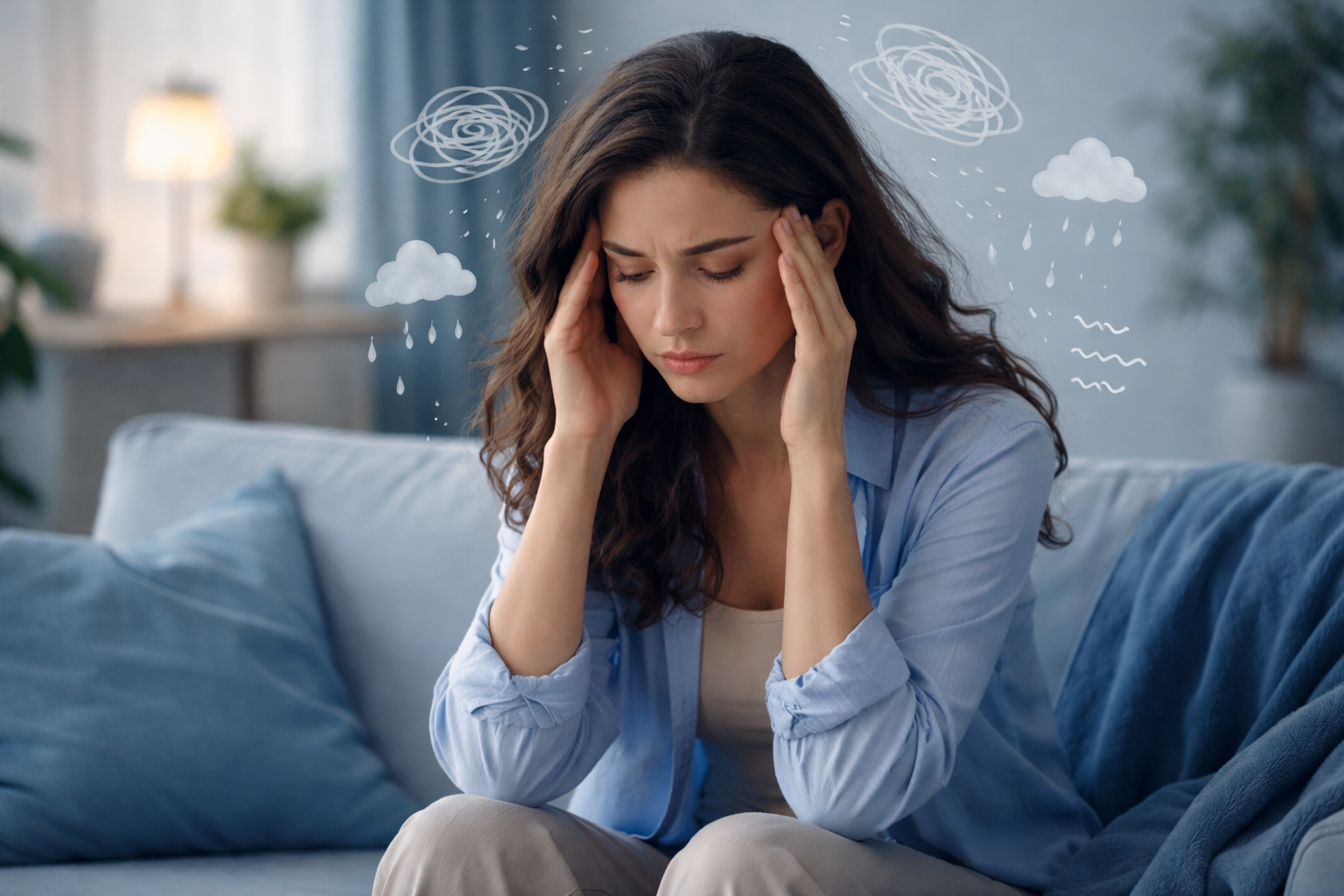 Woman sitting on couch stressed with illustrated storm clouds around her