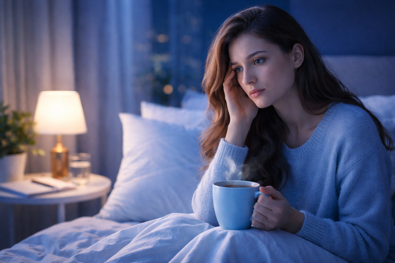 Woman sitting in bed holding a steaming cup of tea looking thoughtful