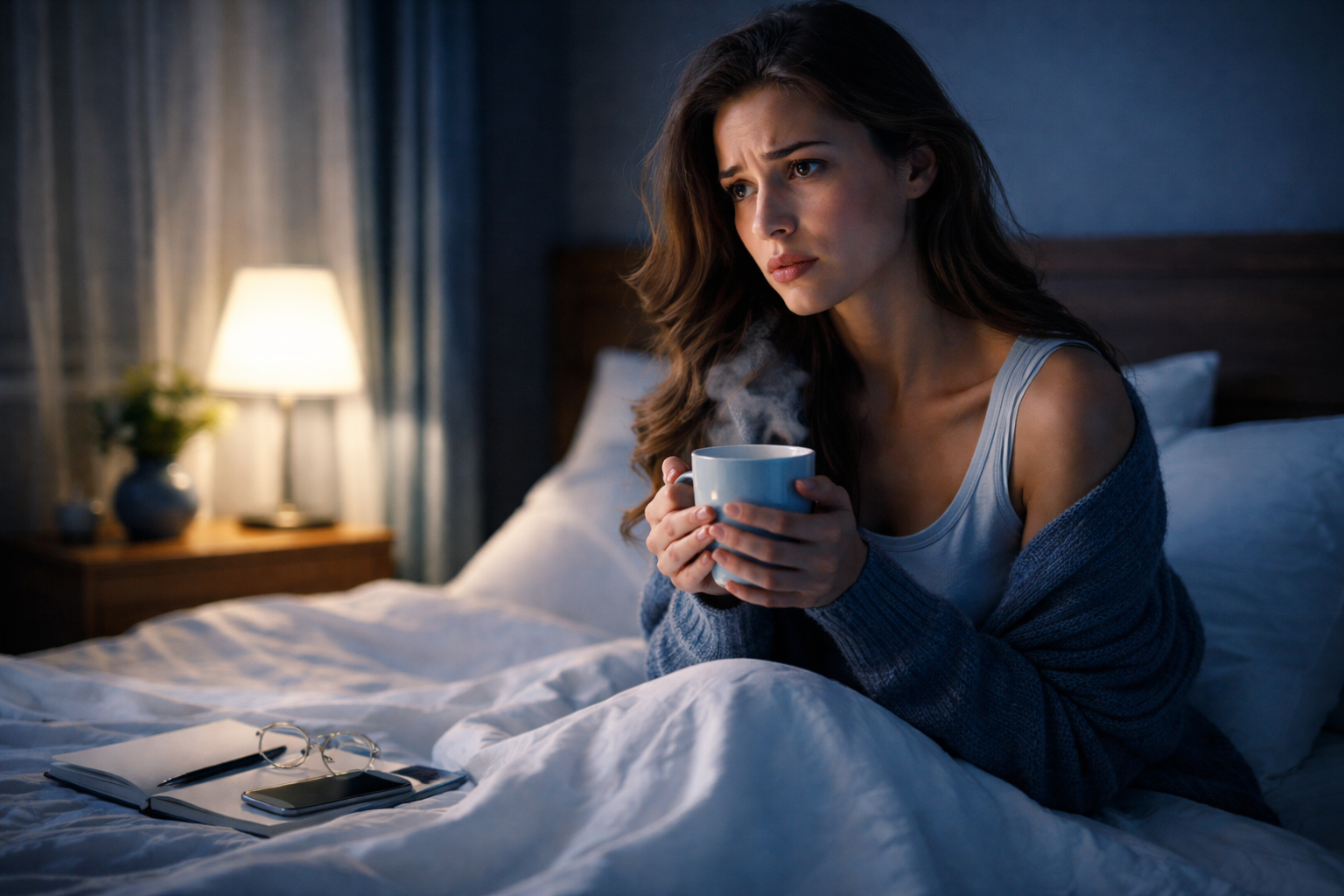 Woman sitting in bed holding a steaming mug looking thoughtful