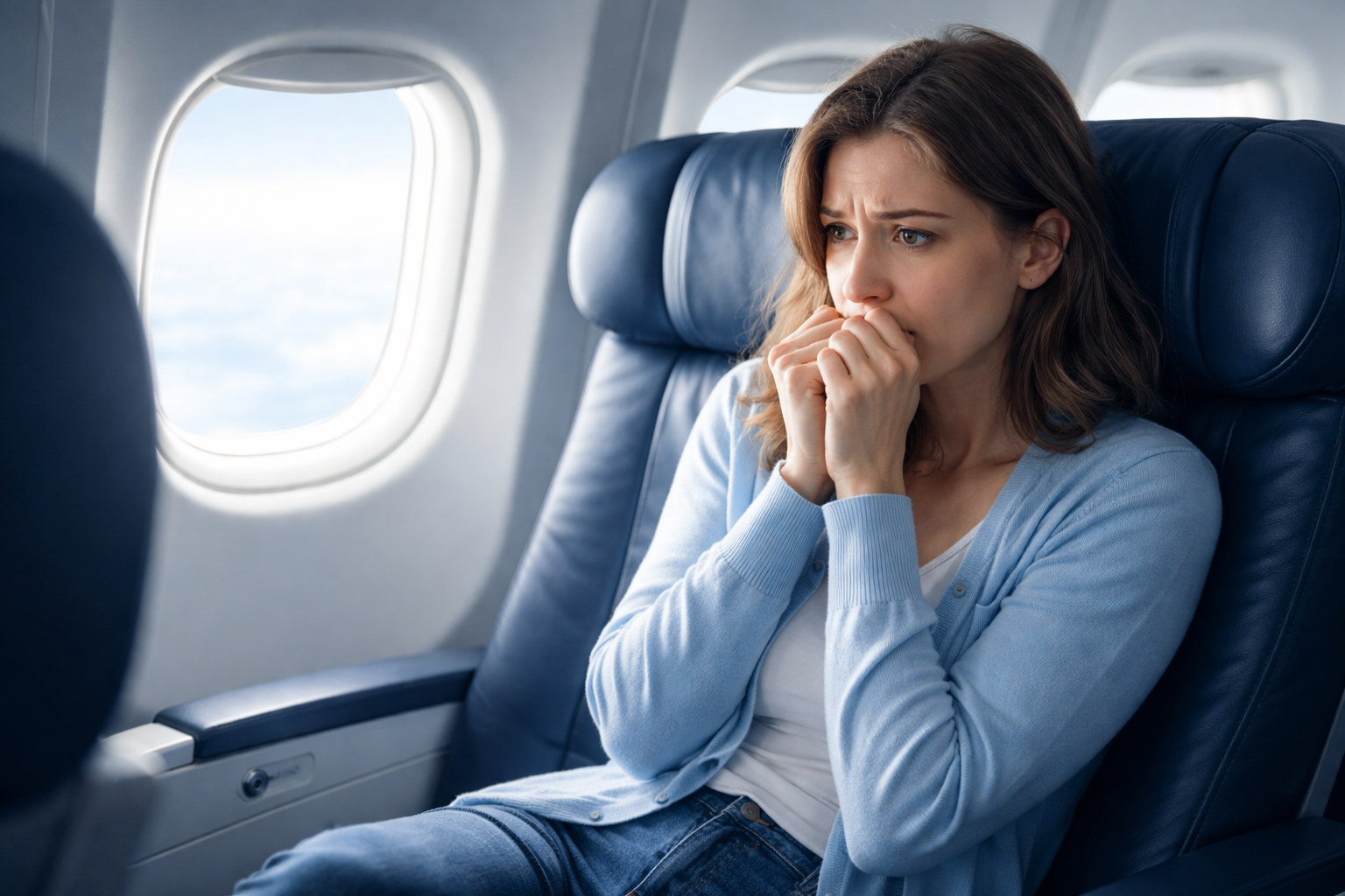 Worried woman sitting on airplane looking out window