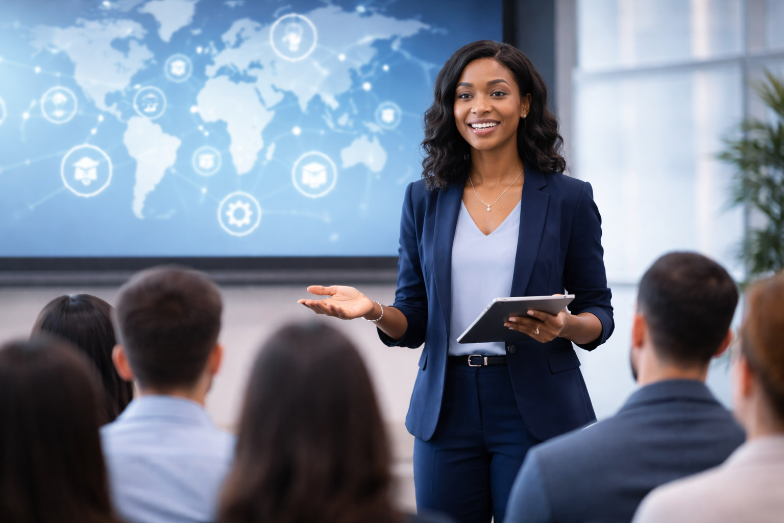 Smiling woman giving a presentation with digital world map background