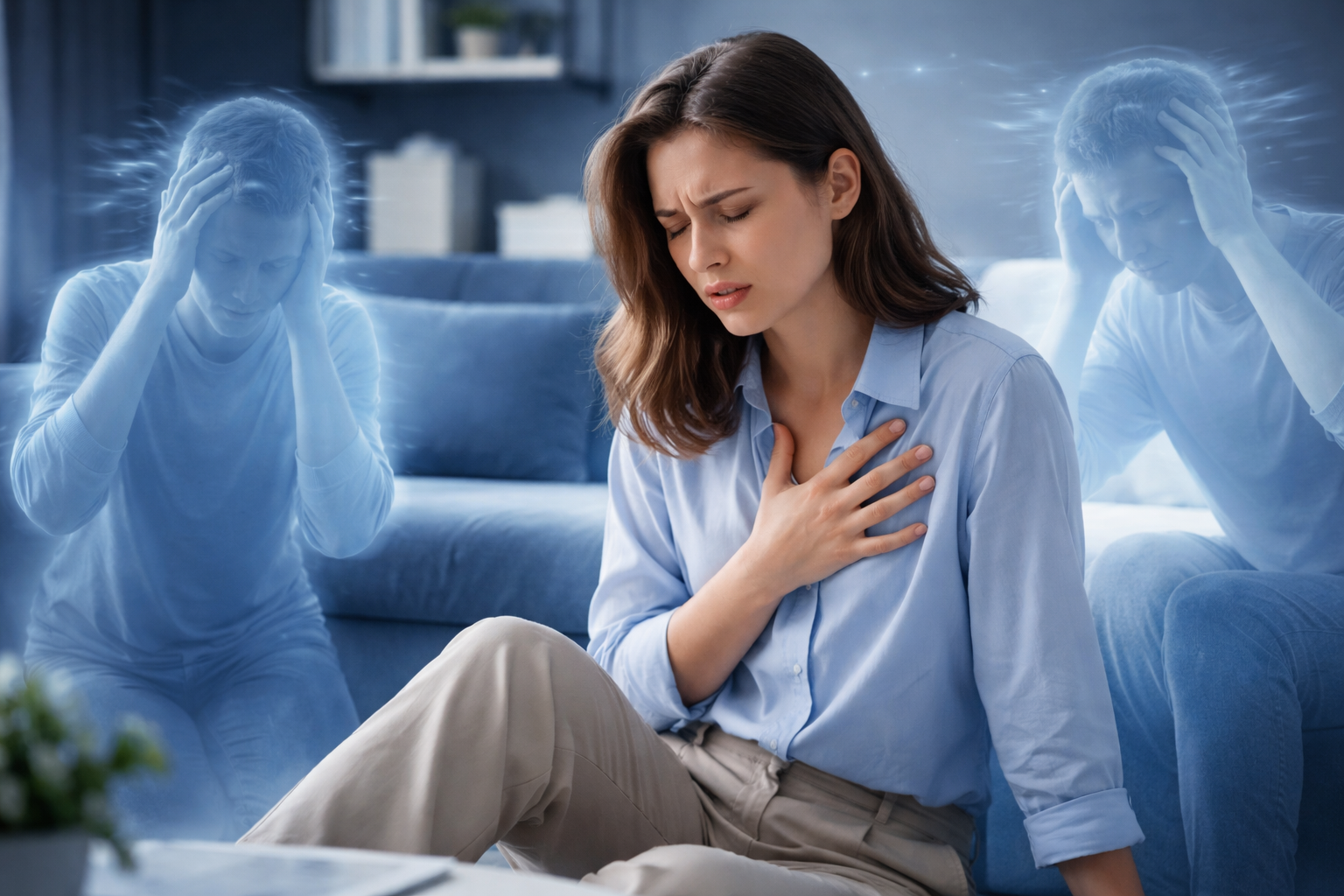 Woman sitting with chest pain, ghostly figures holding heads nearby