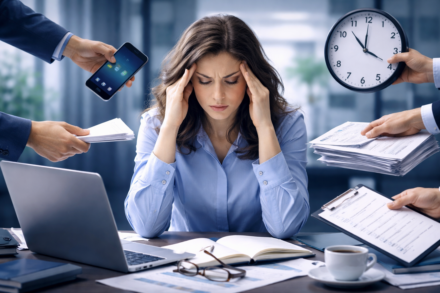Stressed woman at desk surrounded by work and clock