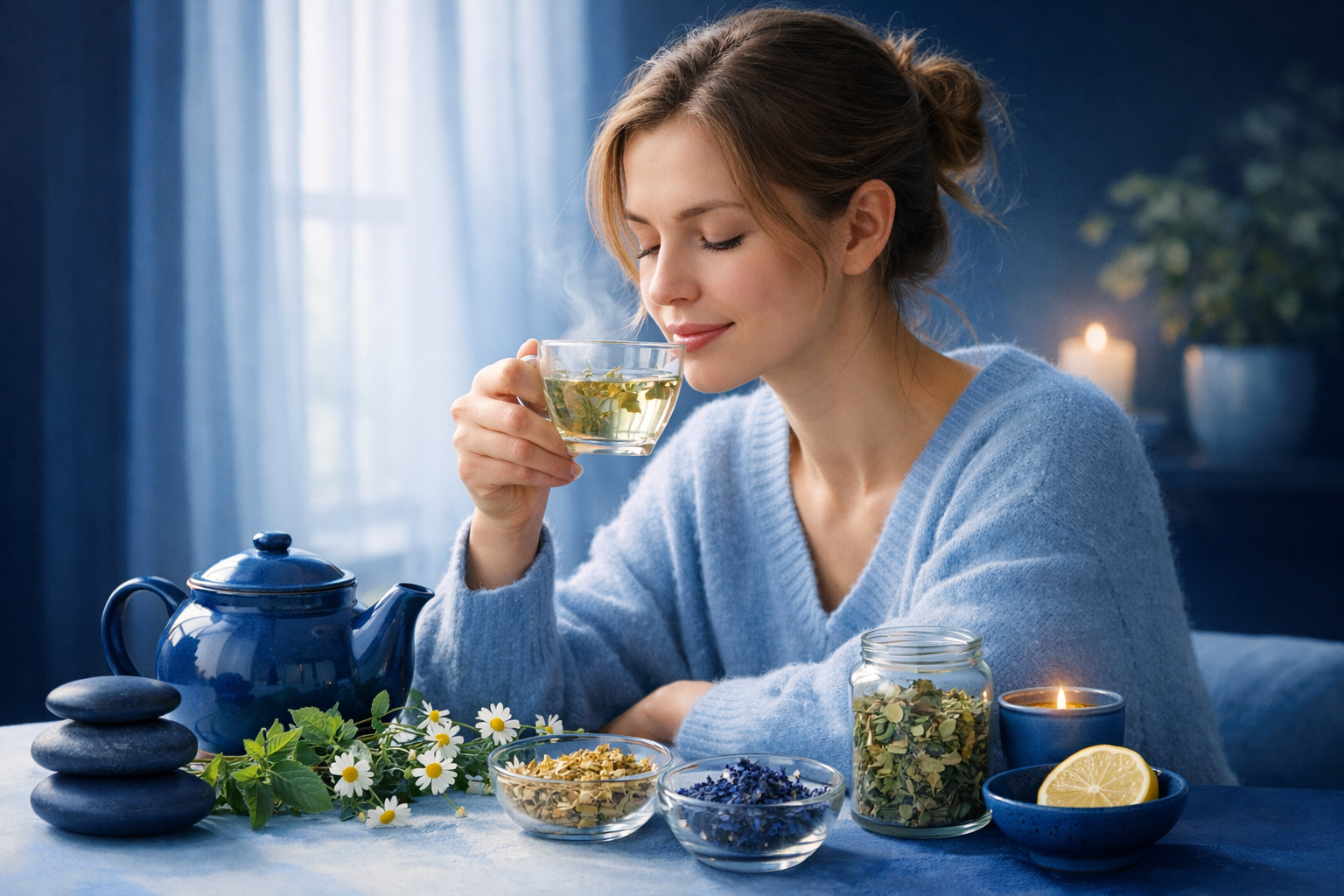 Woman enjoying a cup of herbal tea with relaxing items nearby