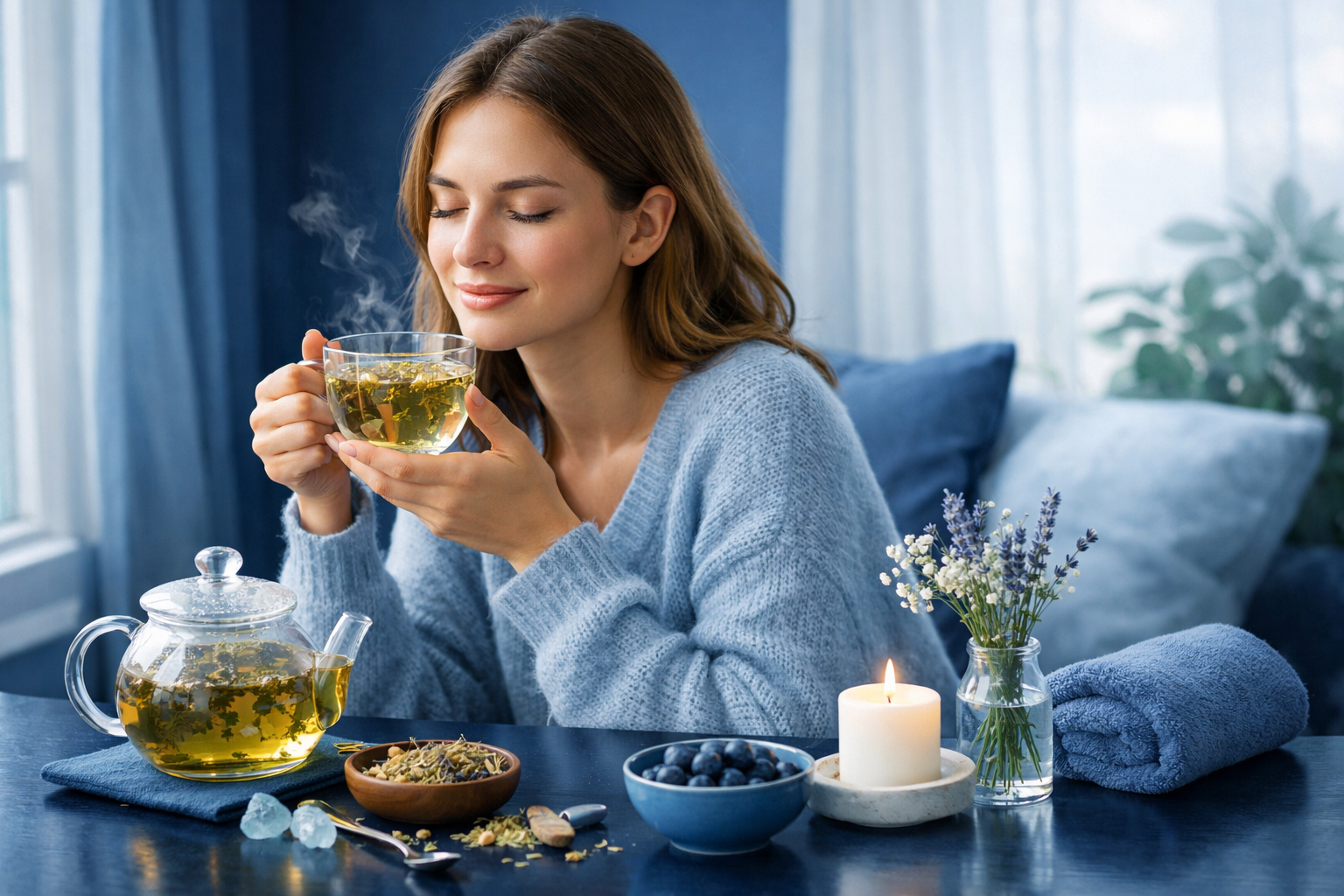 Woman enjoying steaming cup of herbal tea at cozy table