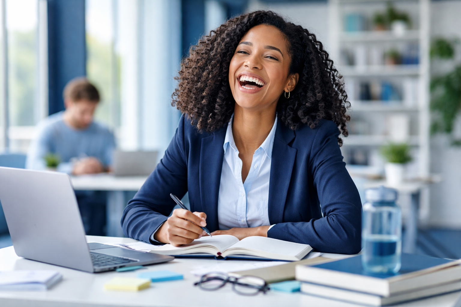 Happy woman writing in notebook at desk with laptop