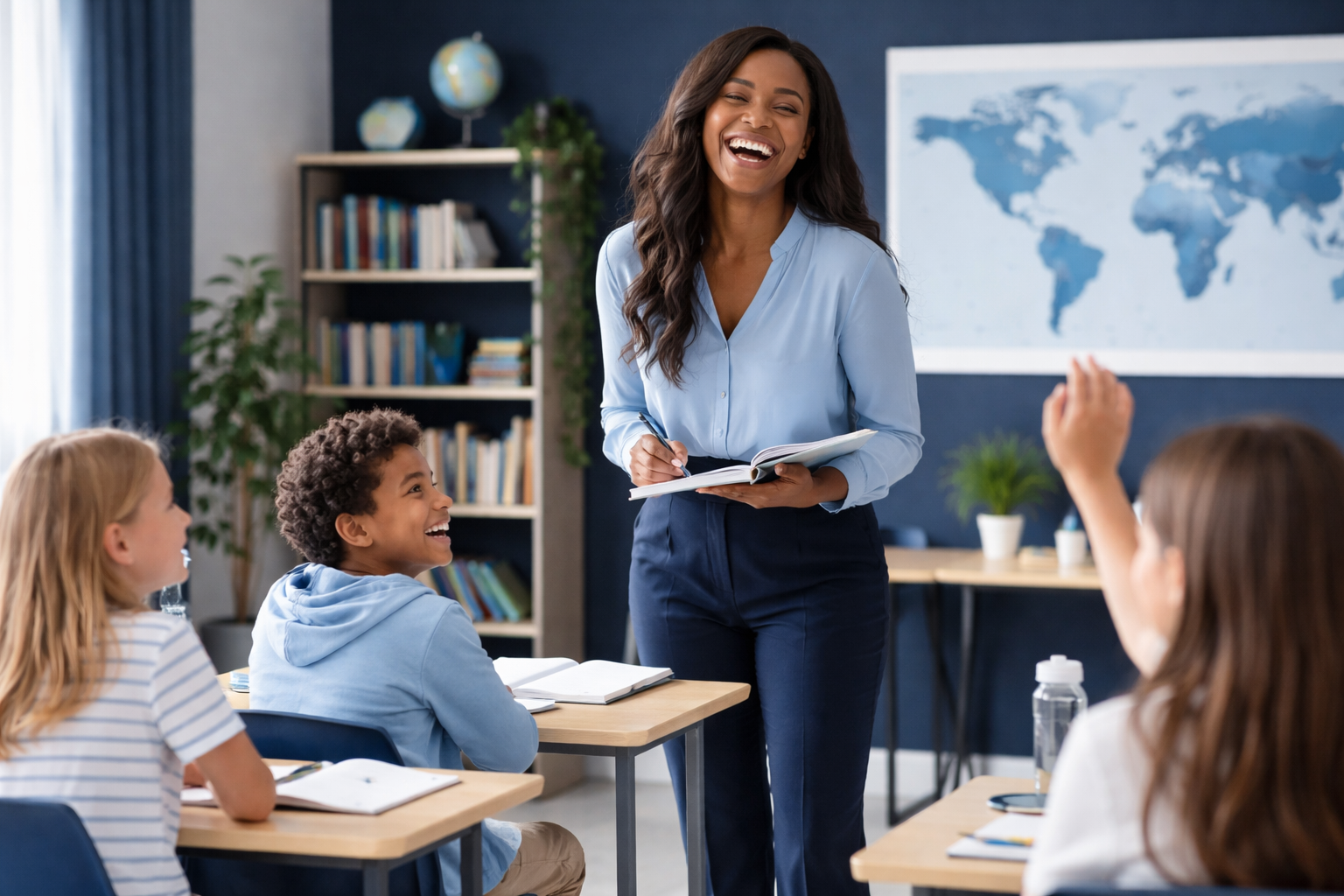Teacher smiling and engaging with students in classroom