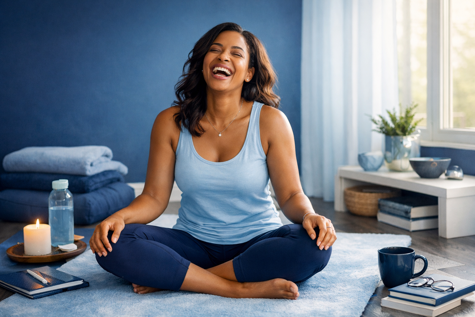 Smiling woman sitting cross-legged on a rug indoors