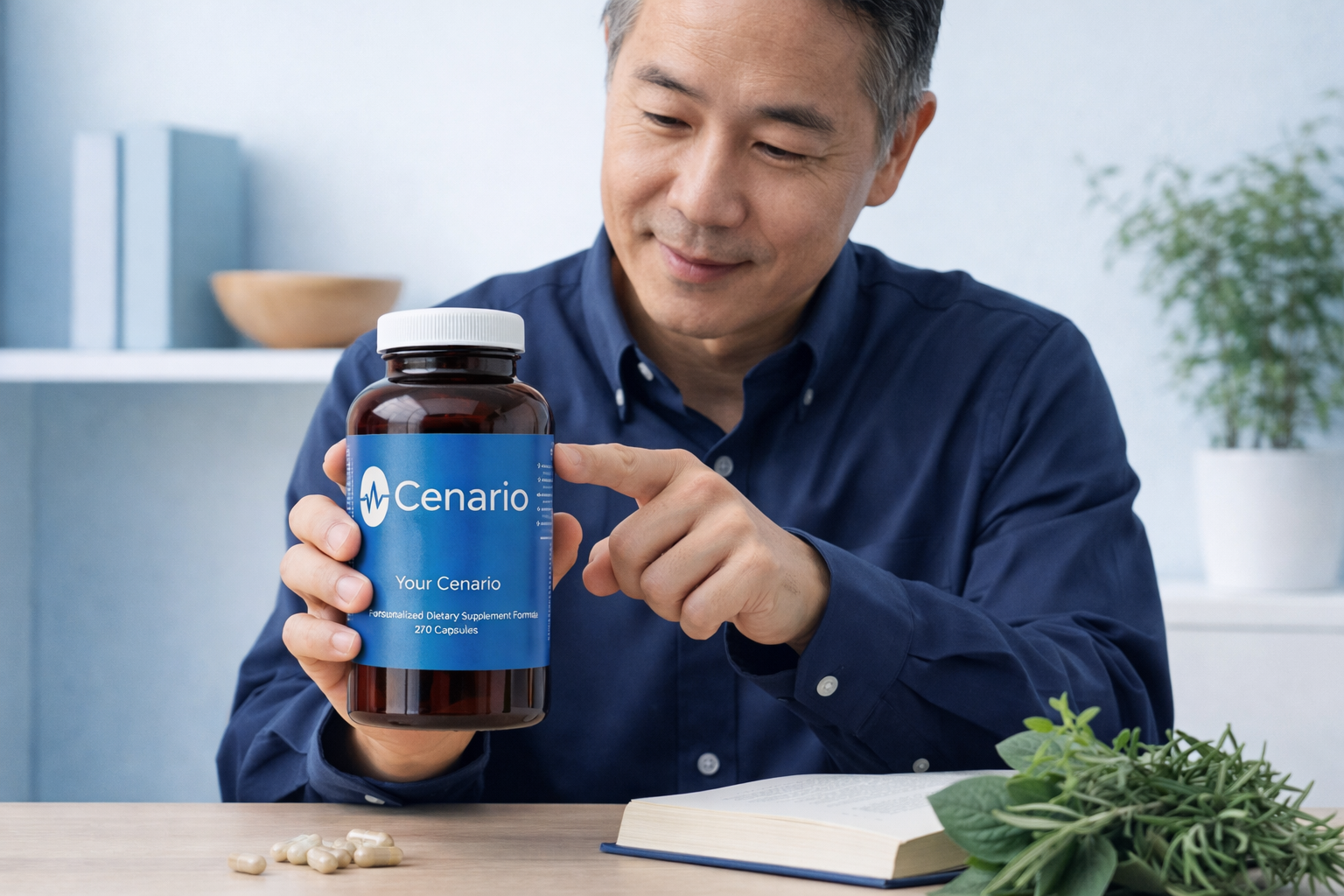Man holding Cenario dietary supplement bottle