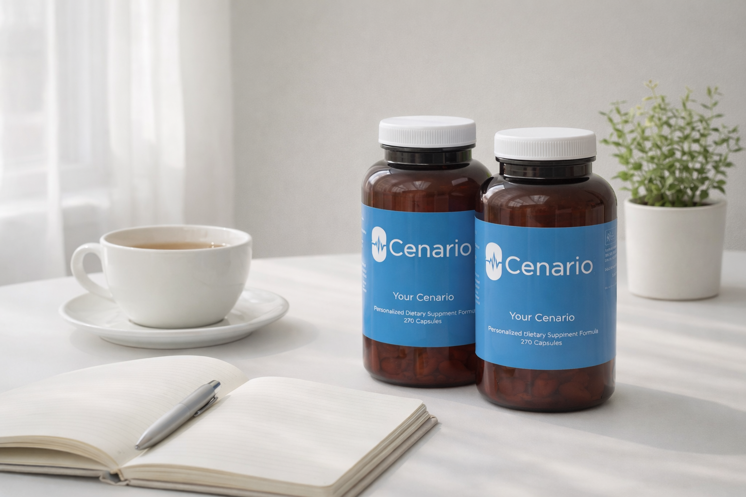 Two bottles of Cenario dietary supplements on a table with a cup, notebook, and plant