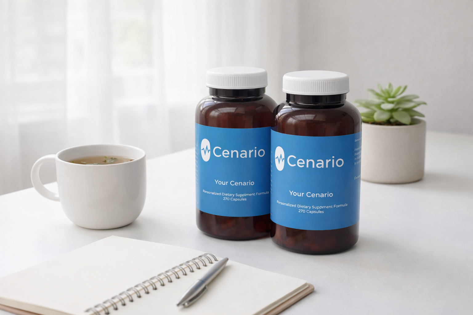 Two Cenario supplement bottles with notebook, pen, cup, and plant