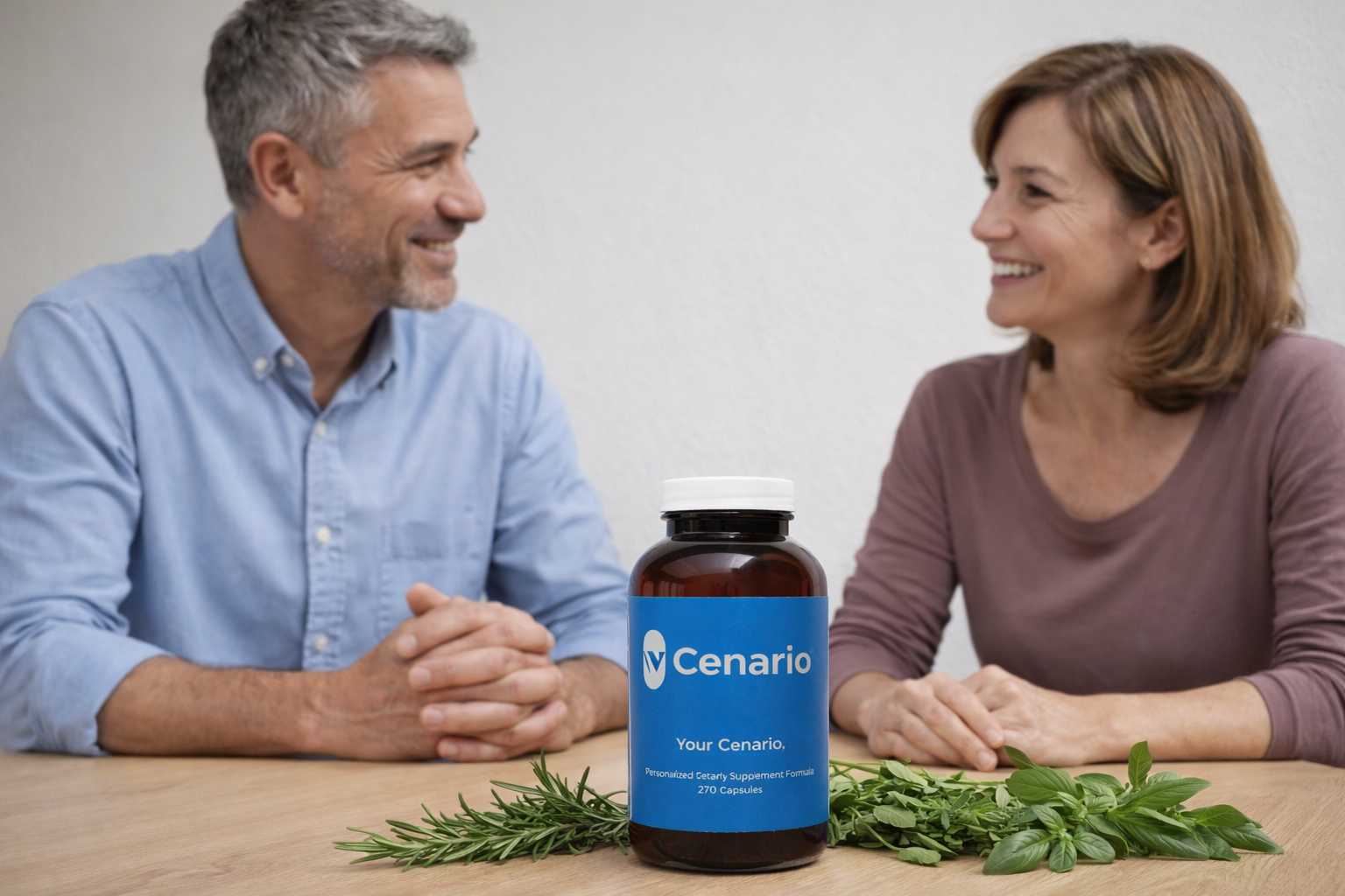 Cenario supplement bottle on table with herbs and smiling people