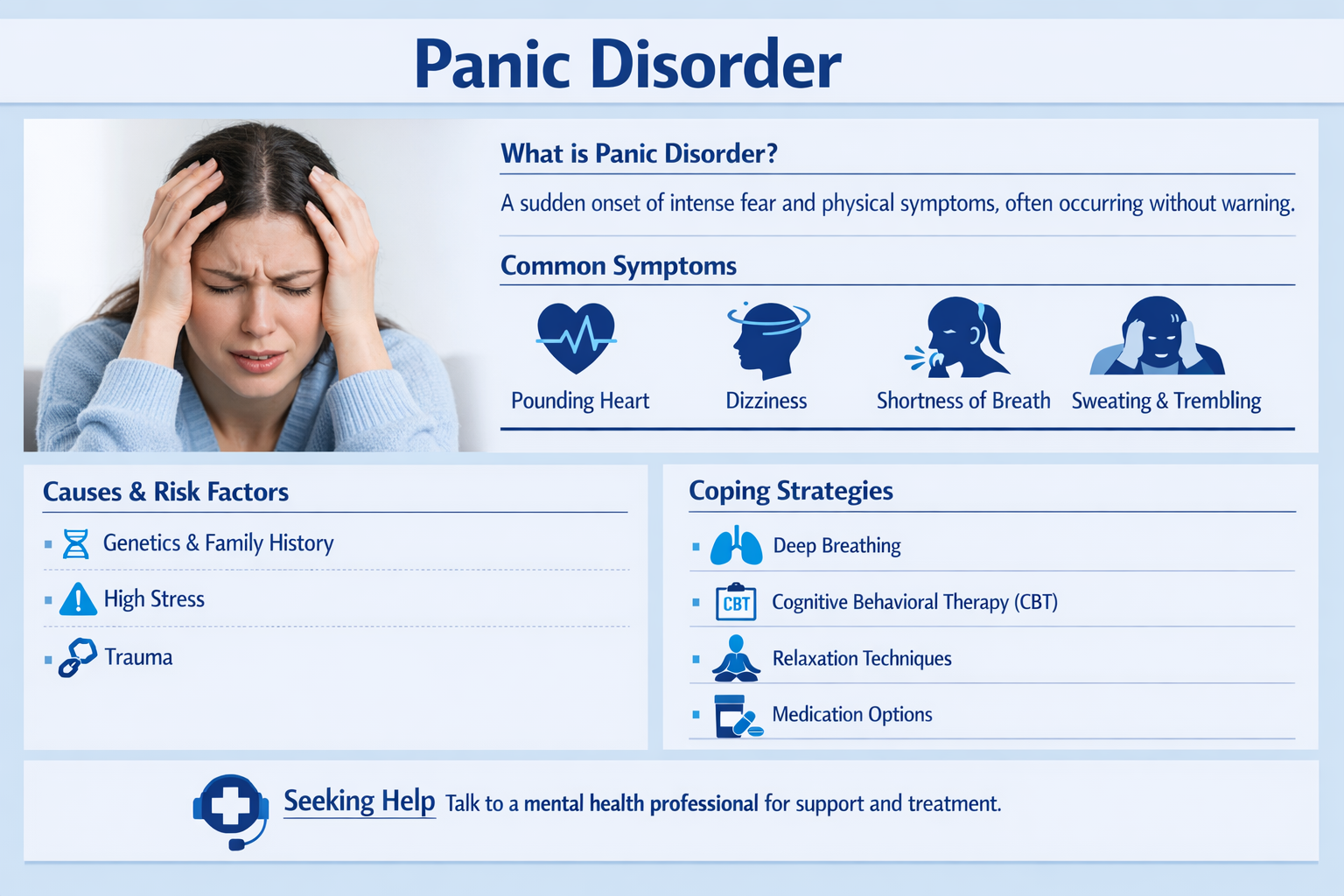 Woman holding head in distress next to panic disorder symptoms and coping info