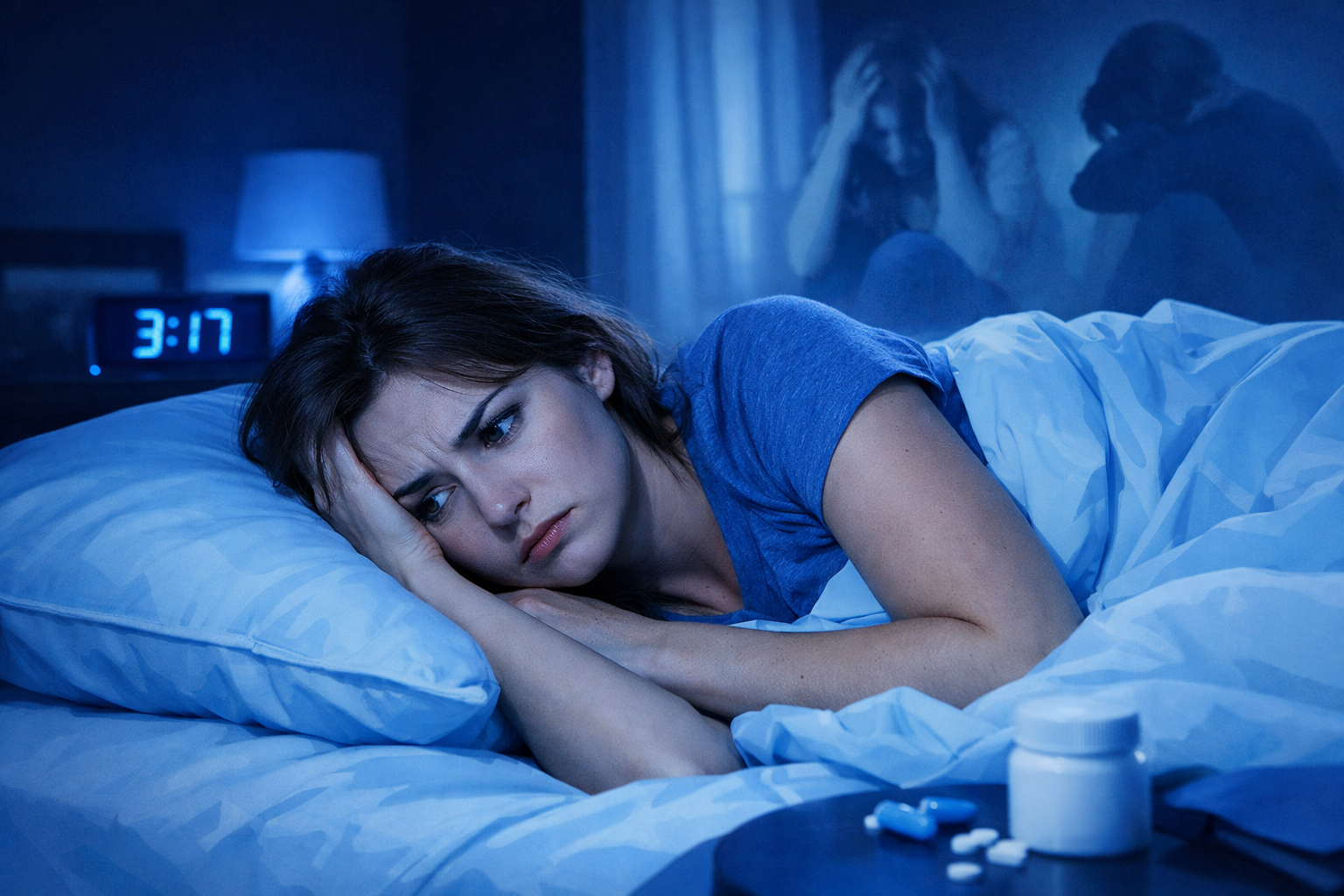 Woman awake in bed at 3:17 a.m. with worried expression