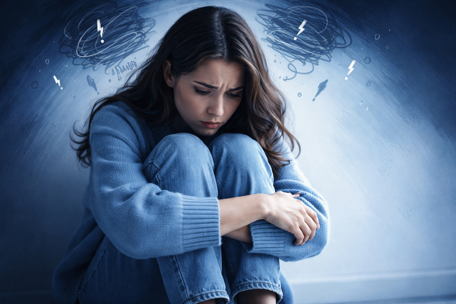 Sad woman sitting hugging knees surrounded by anxiety symbols