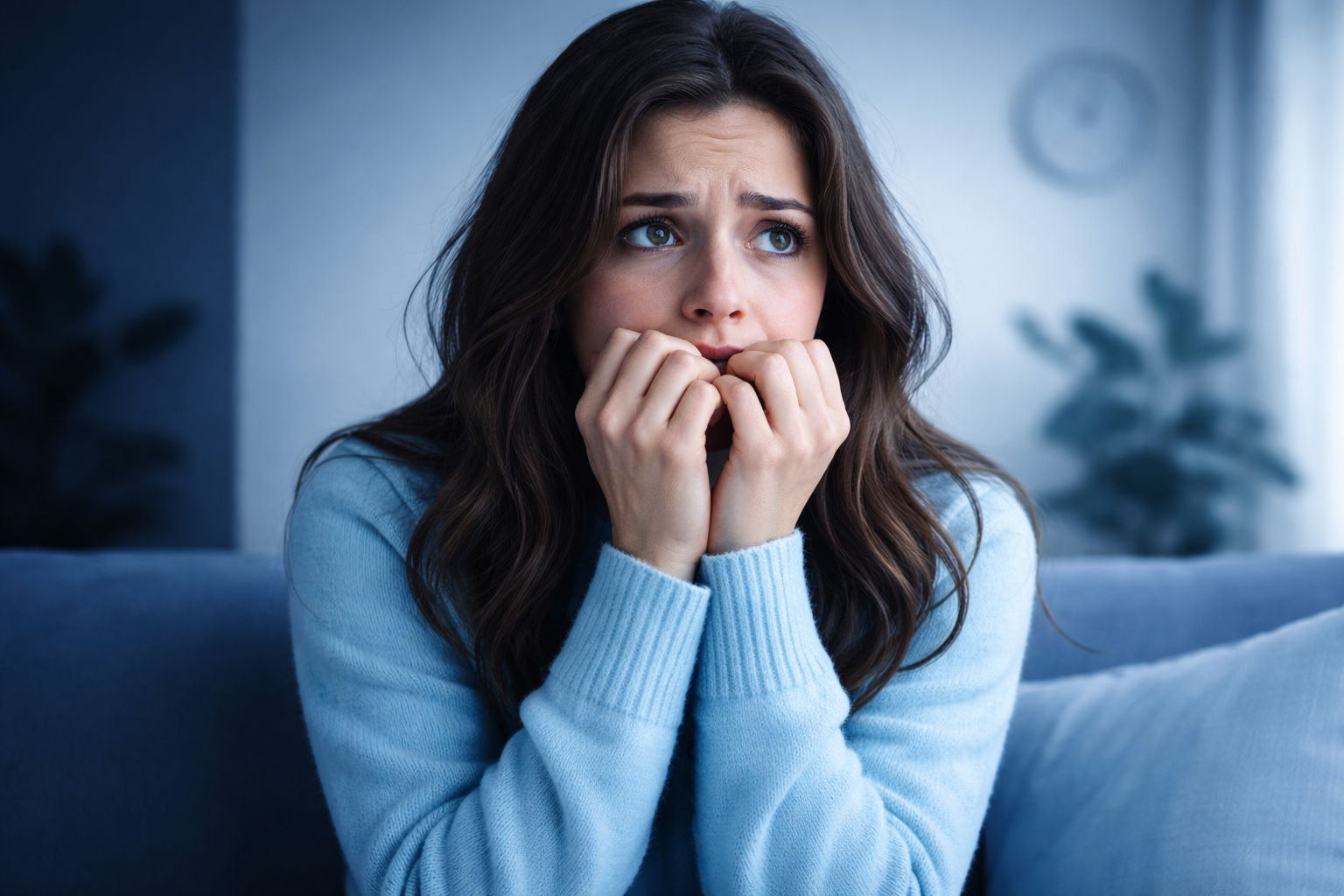Anxious woman with hands near mouth looking worried indoors