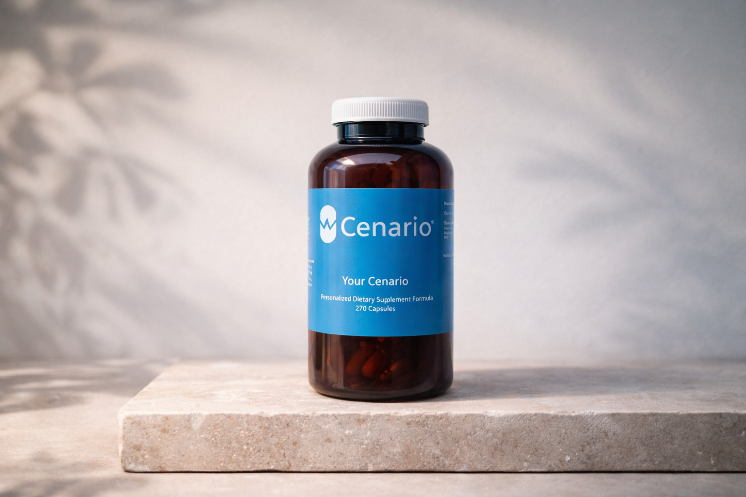 Bottle of Cenario personalized dietary supplement capsules