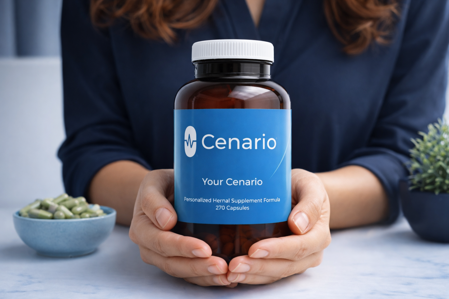 Hands holding a bottle of Cenario personalized supplement capsules
