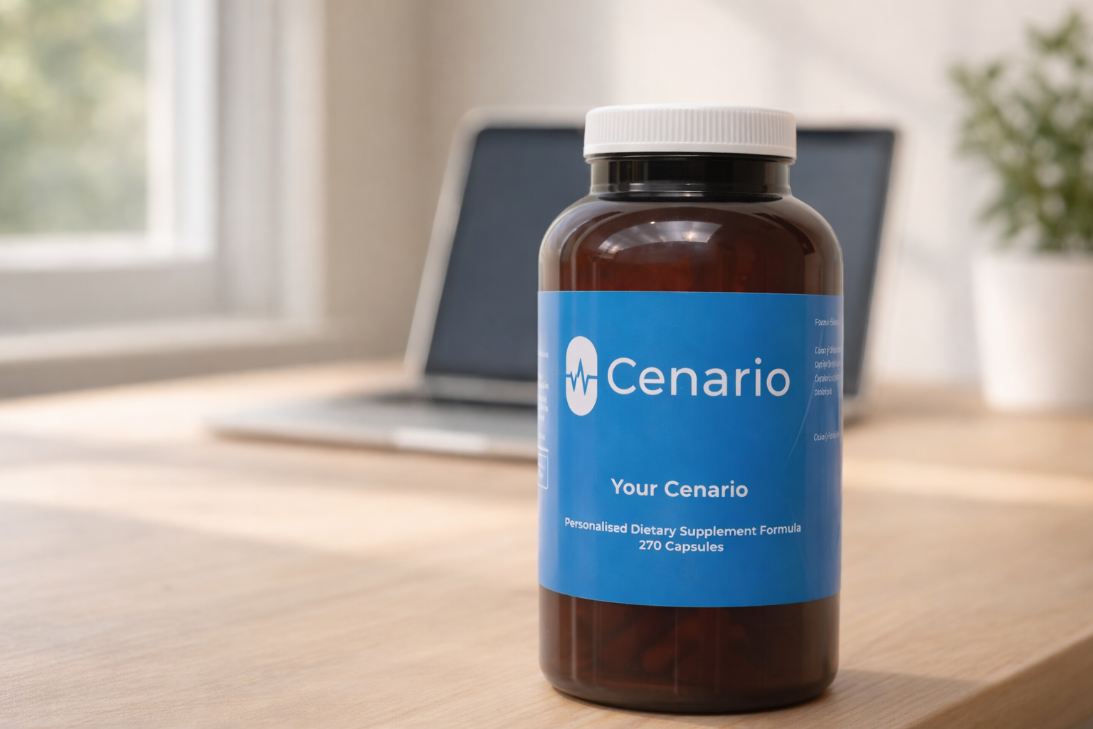 Cenario dietary supplement bottle on desk with laptop in background