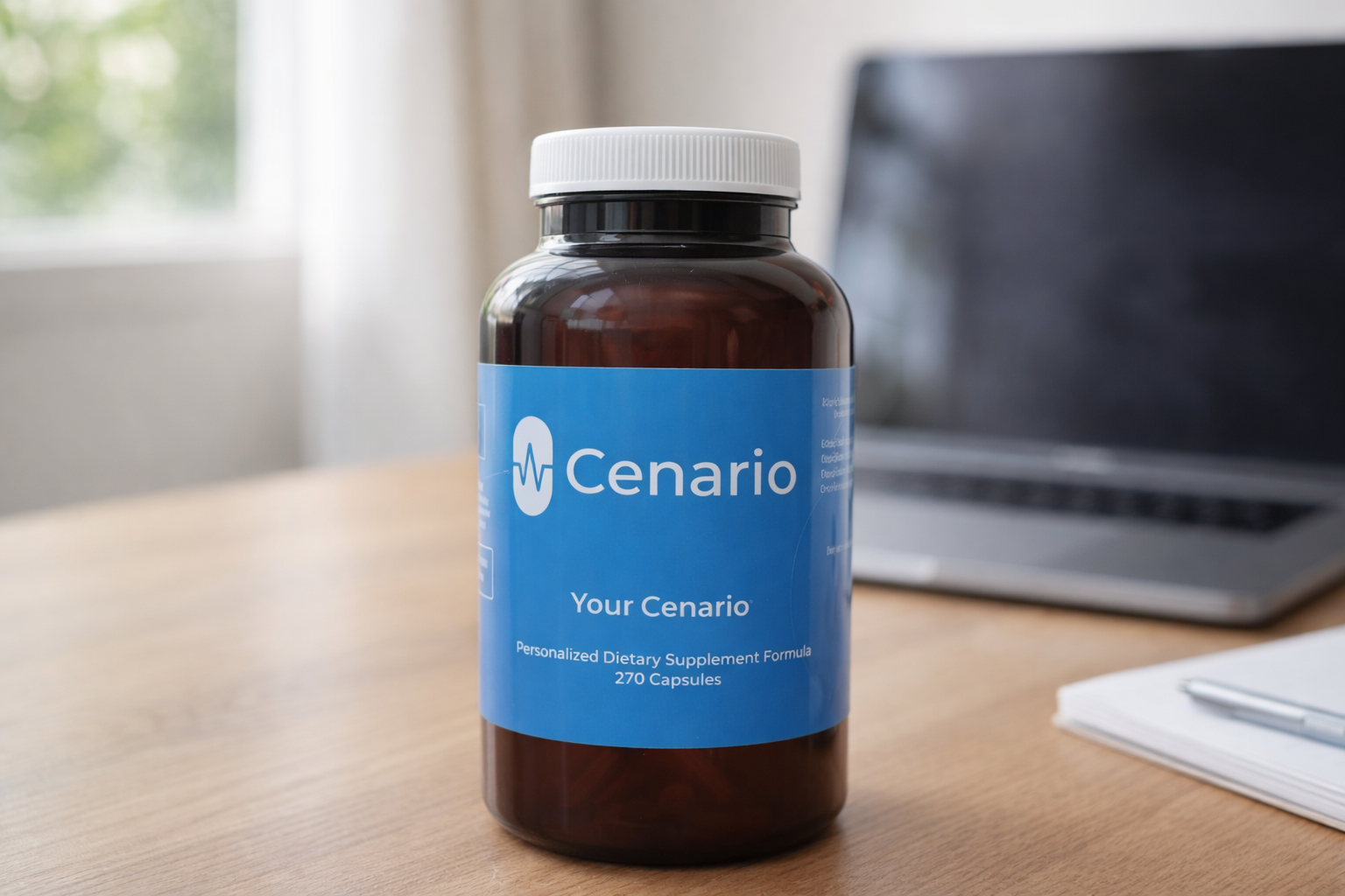 Bottle of Cenario personalized dietary supplements on desk