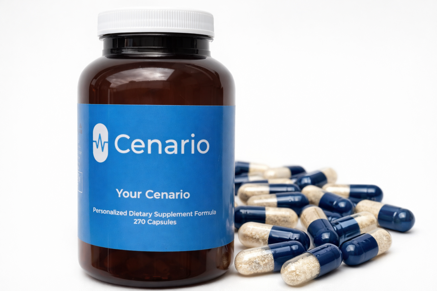 Cenario bottle with blue label and capsules spilled beside it