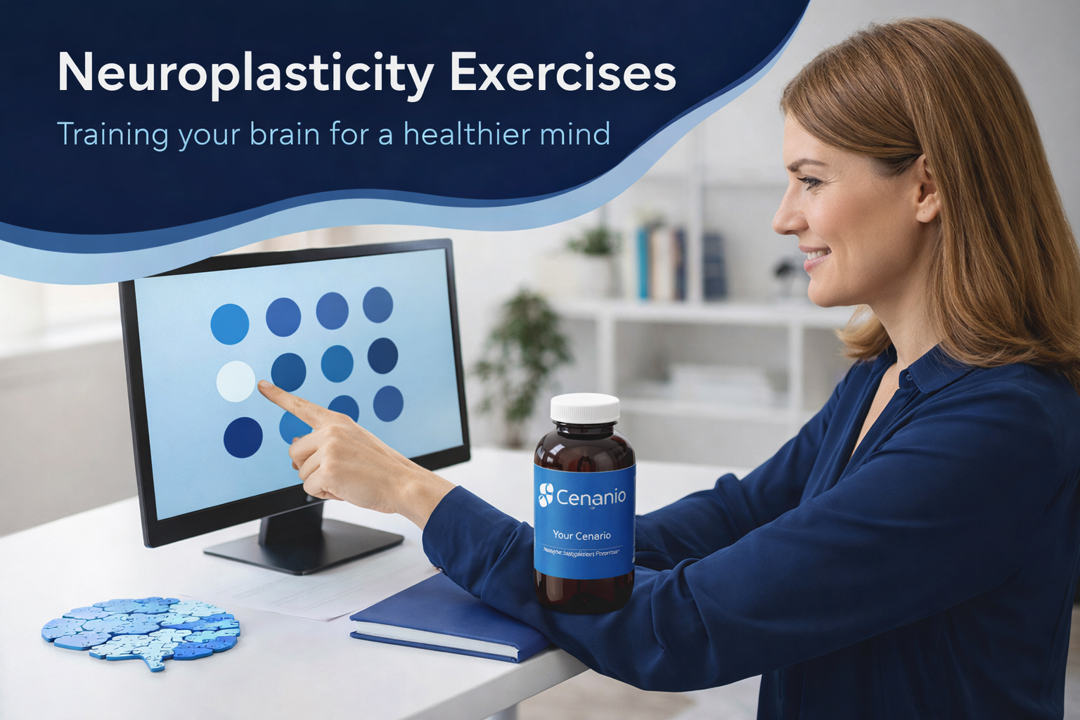 Woman doing neuroplasticity exercises on computer