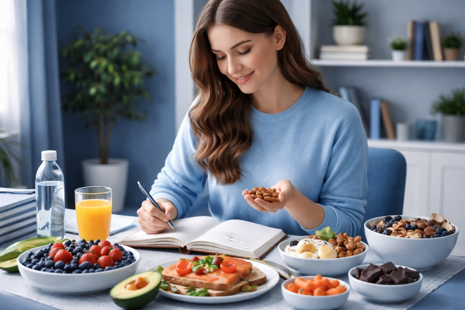 Woman holding almonds and writing with brain-boosting foods on table