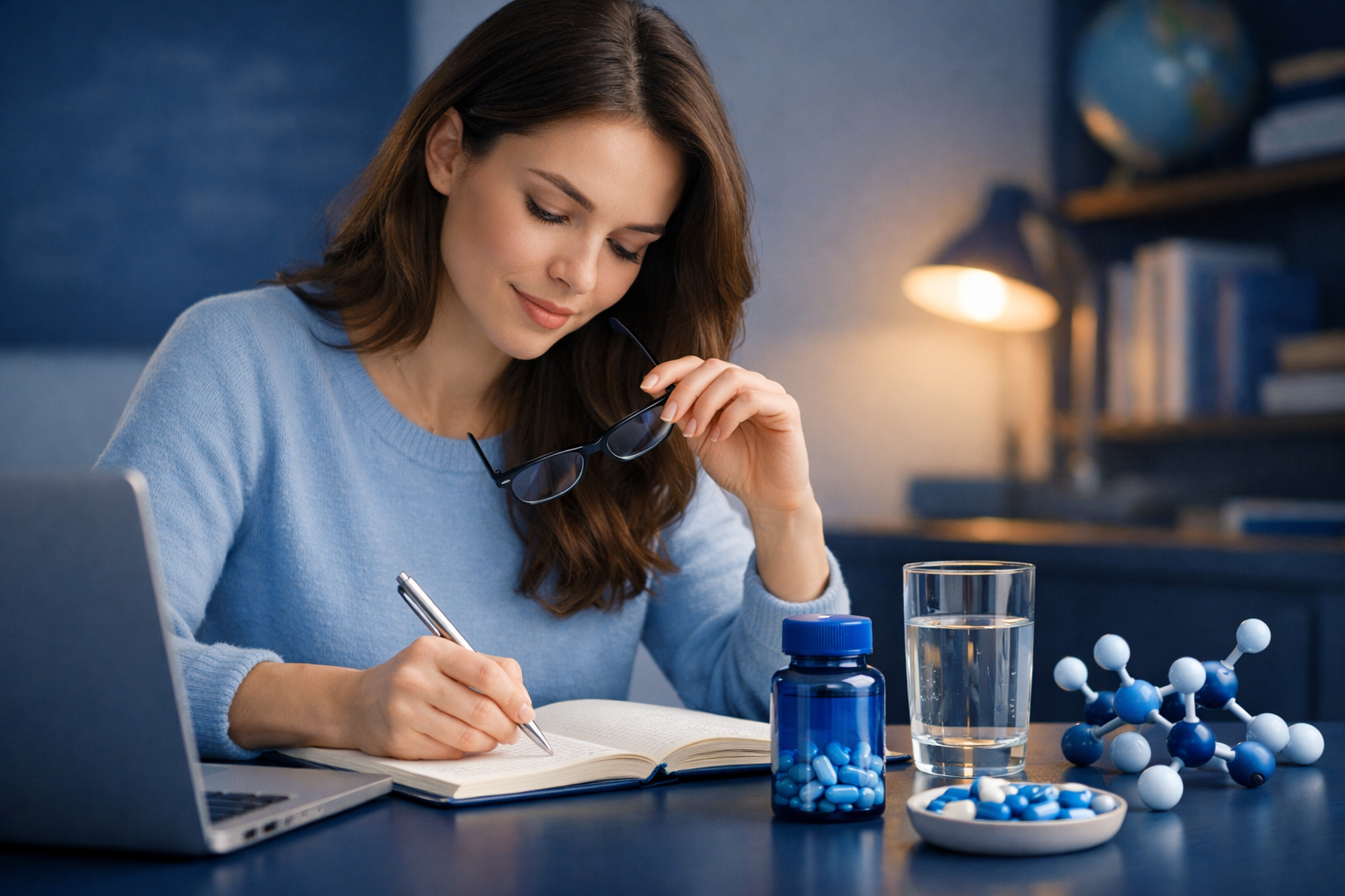 Woman studying with nootropic pills, notebook, and laptop
