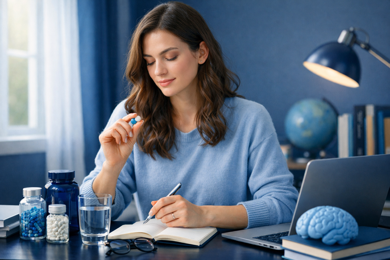 Woman holding nootropic pills while writing in notebook