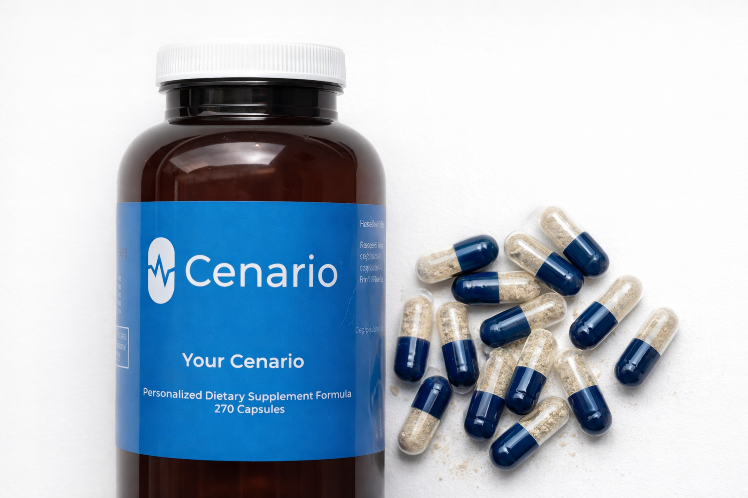 Bottle of Cenario dietary supplement with capsules spilled nearby