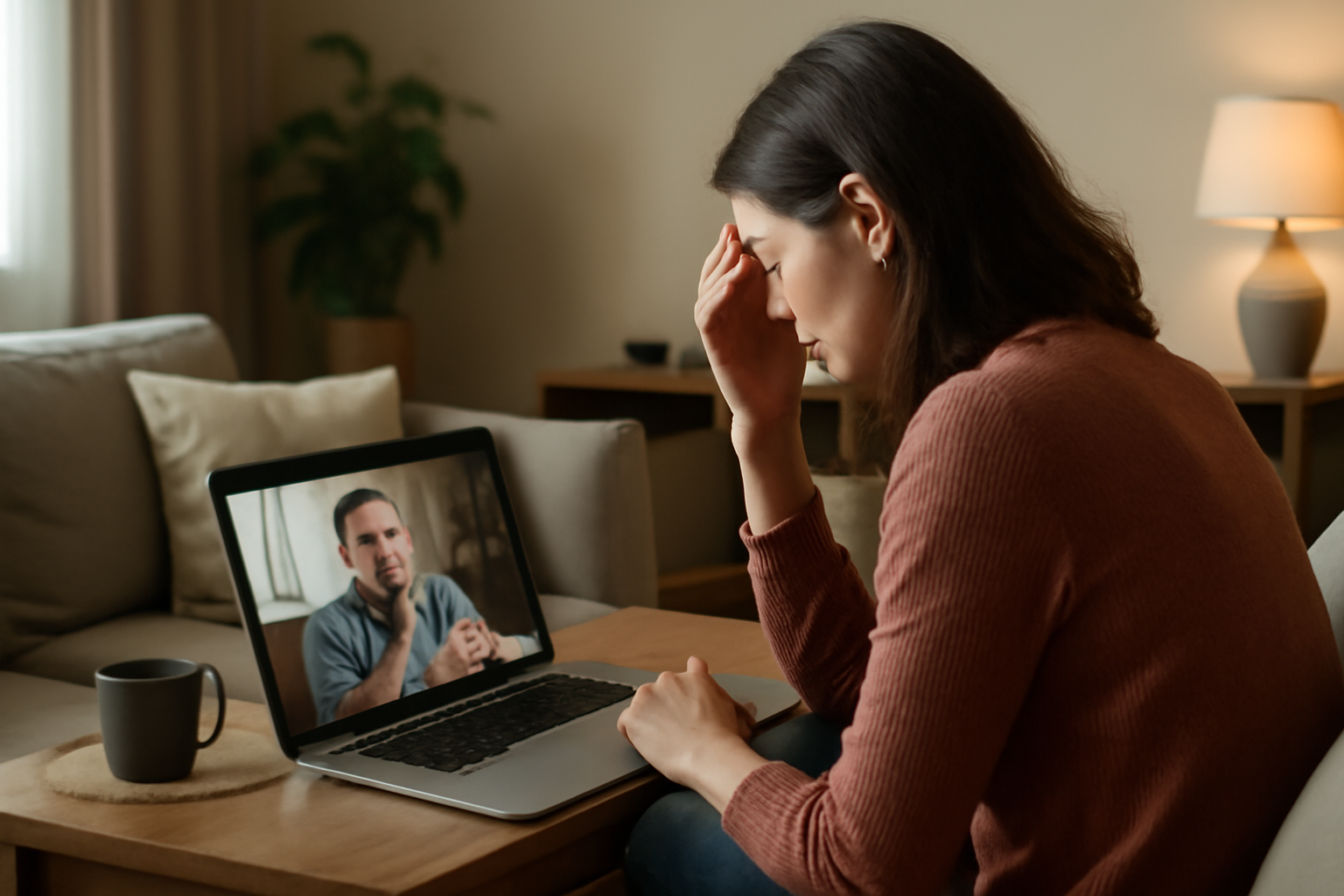 Woman in stress during online video call with man