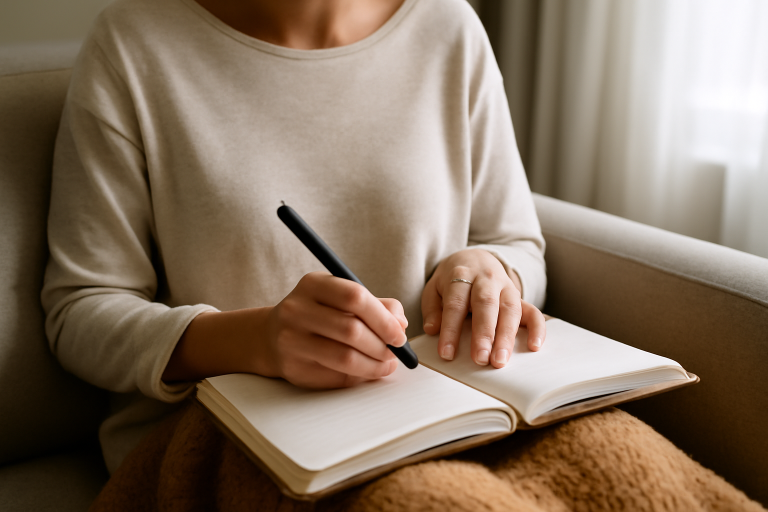 Person writing in an open notebook while sitting on a couch