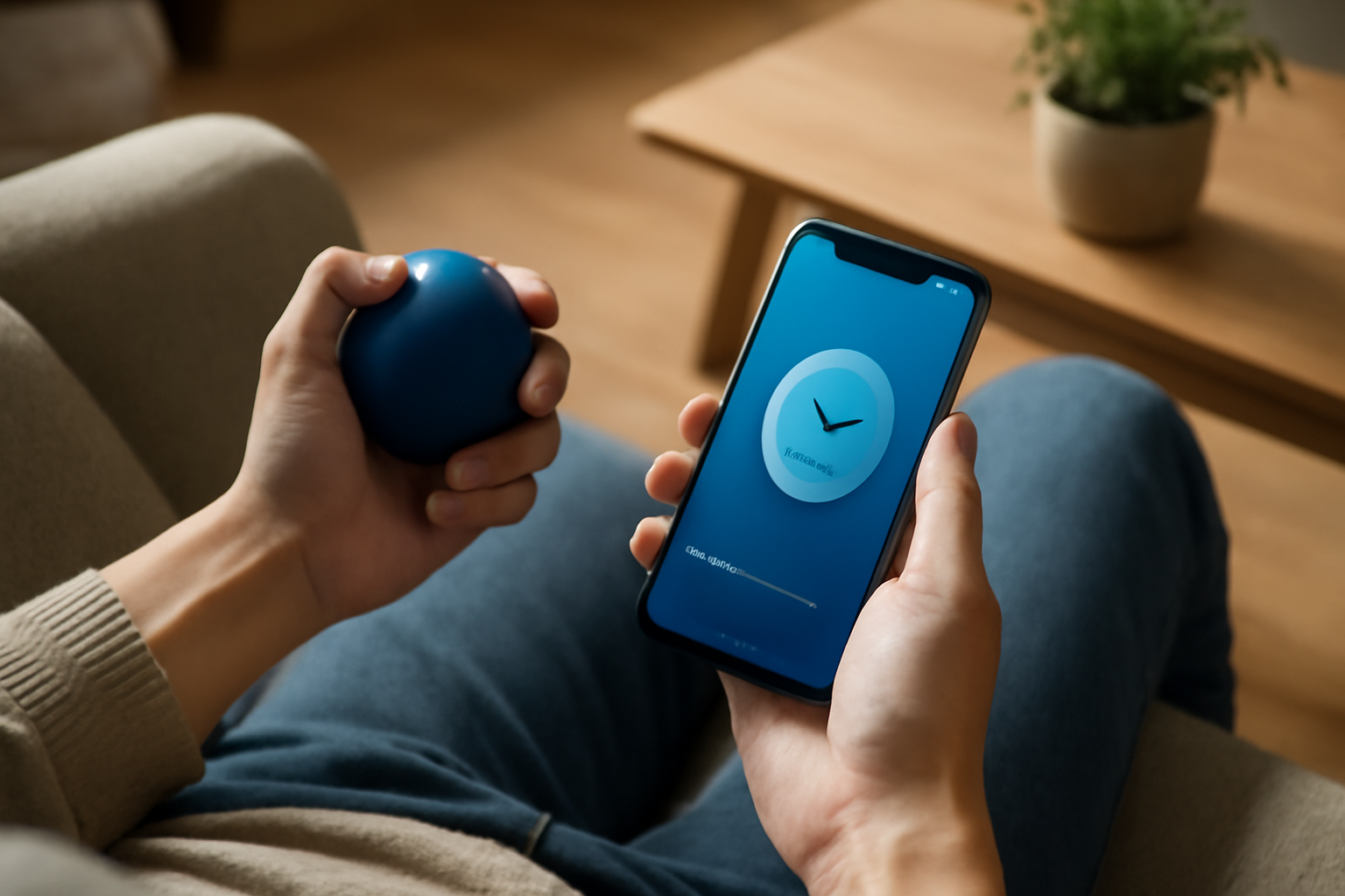 Person holding a stress ball and smartphone with a clock app