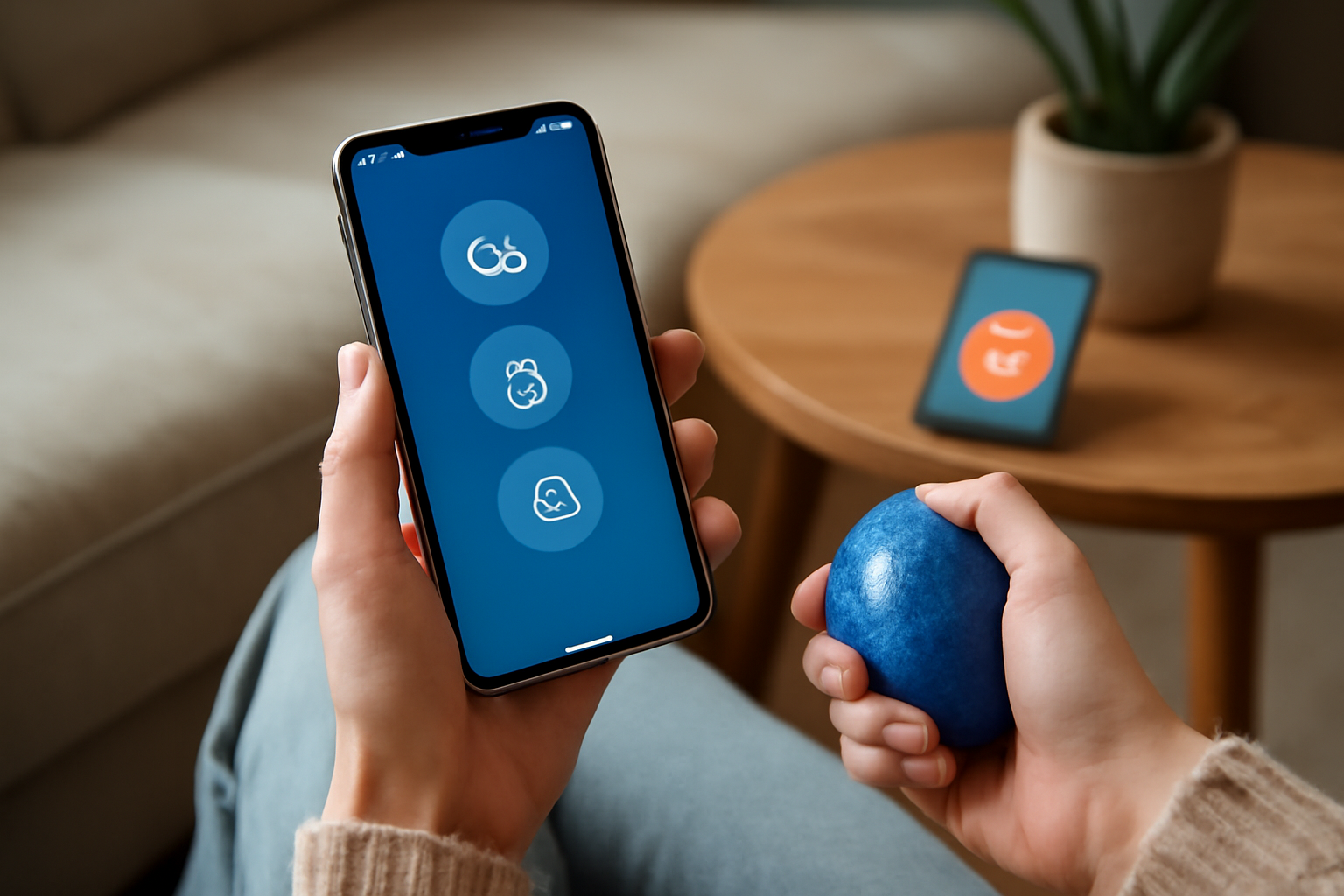 Person holding smartphone with wellness app and stress ball